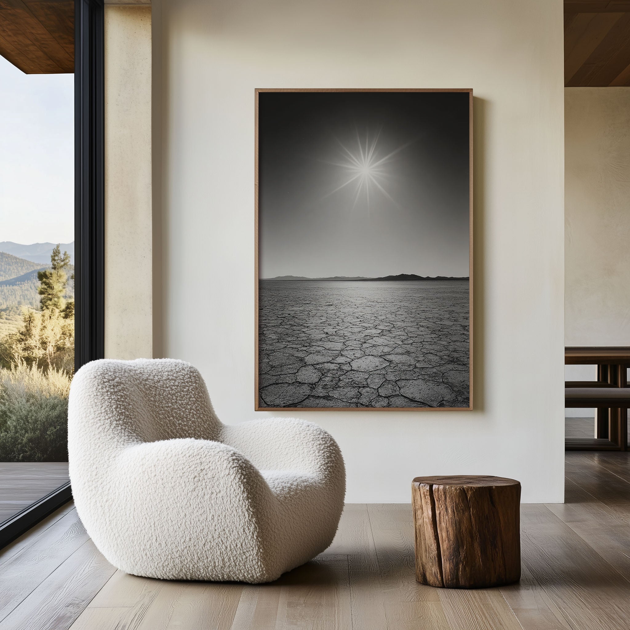 Black Rock Desert Wall Art Print | Nevada Salt Flat Black & White Photography | Cracked Earth Sun Landscape Poster | Minimalist Nature Print | Bold Graphic Home Decor