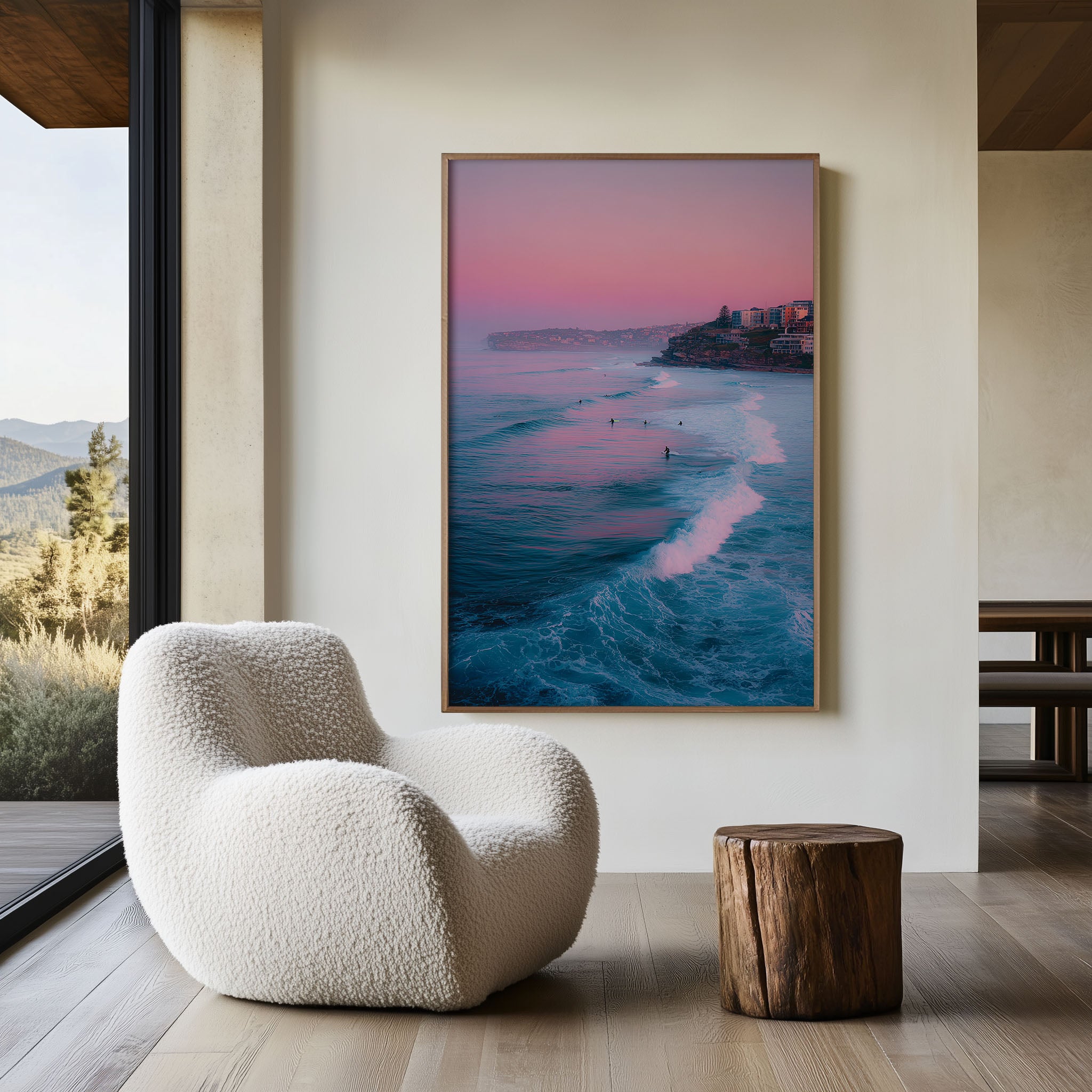 Bondi Beach Surfers Wall Art Print | Pink Sunrise Coastal Photography