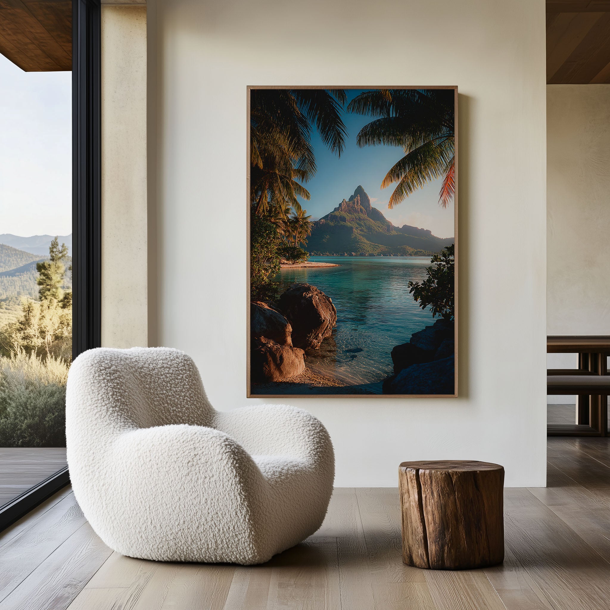 Bora Bora Palm Frame Wall Art Print | Mount Otemanu Lagoon Overwater Bungalow Photography | French Polynesia Tropical Poster | South Pacific Paradise Print | Luxury Home Decor