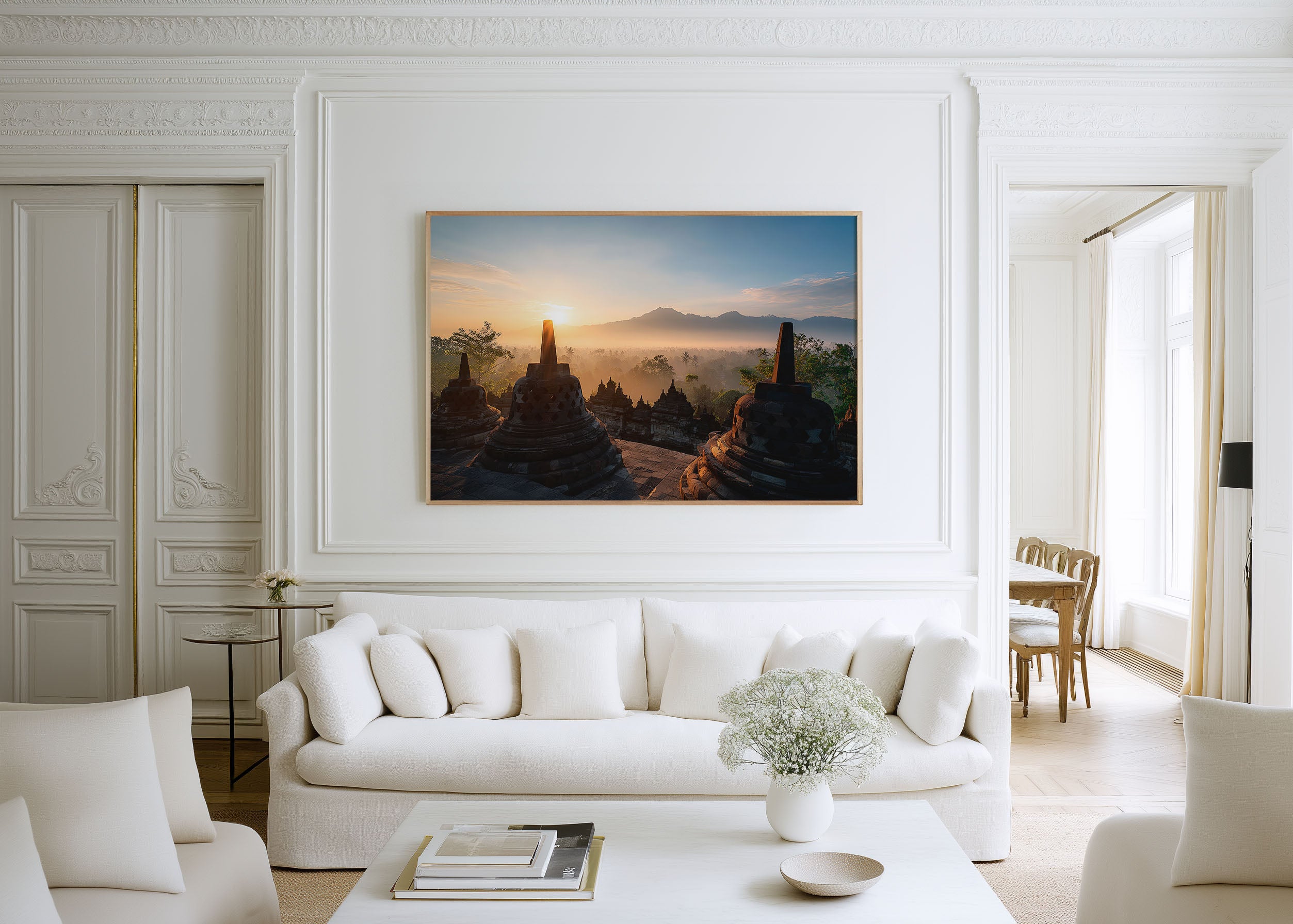 Borobudur Temple Sunrise Wall Art Print – Indonesia Misty Landscape Canvas