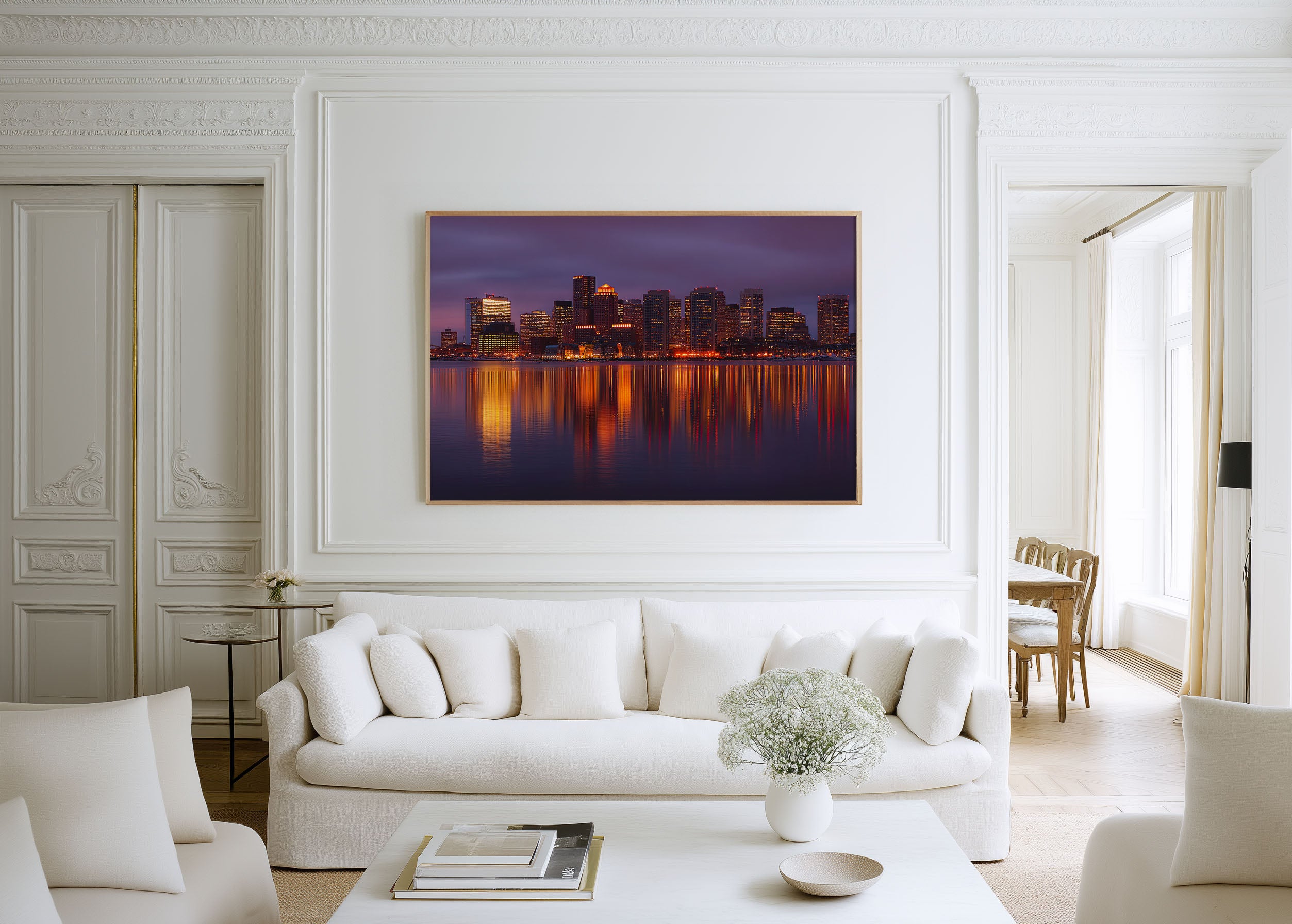 Boston Skyline Night Wall Art – Harbor City Lights Reflection Print, Massachusetts Waterfront Photography Decor
