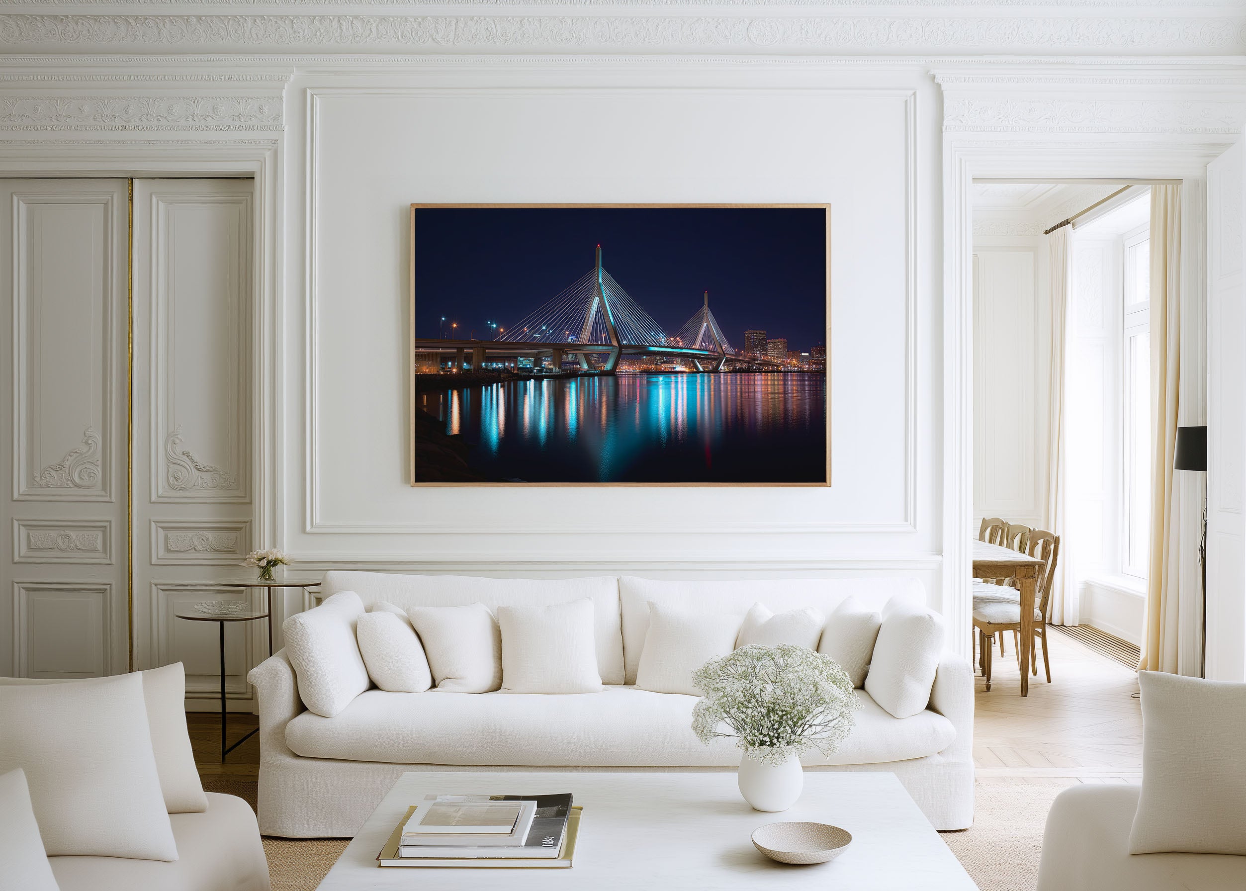 Boston Zakim Bridge Night Wall Art Print, Massachusetts Skyline
