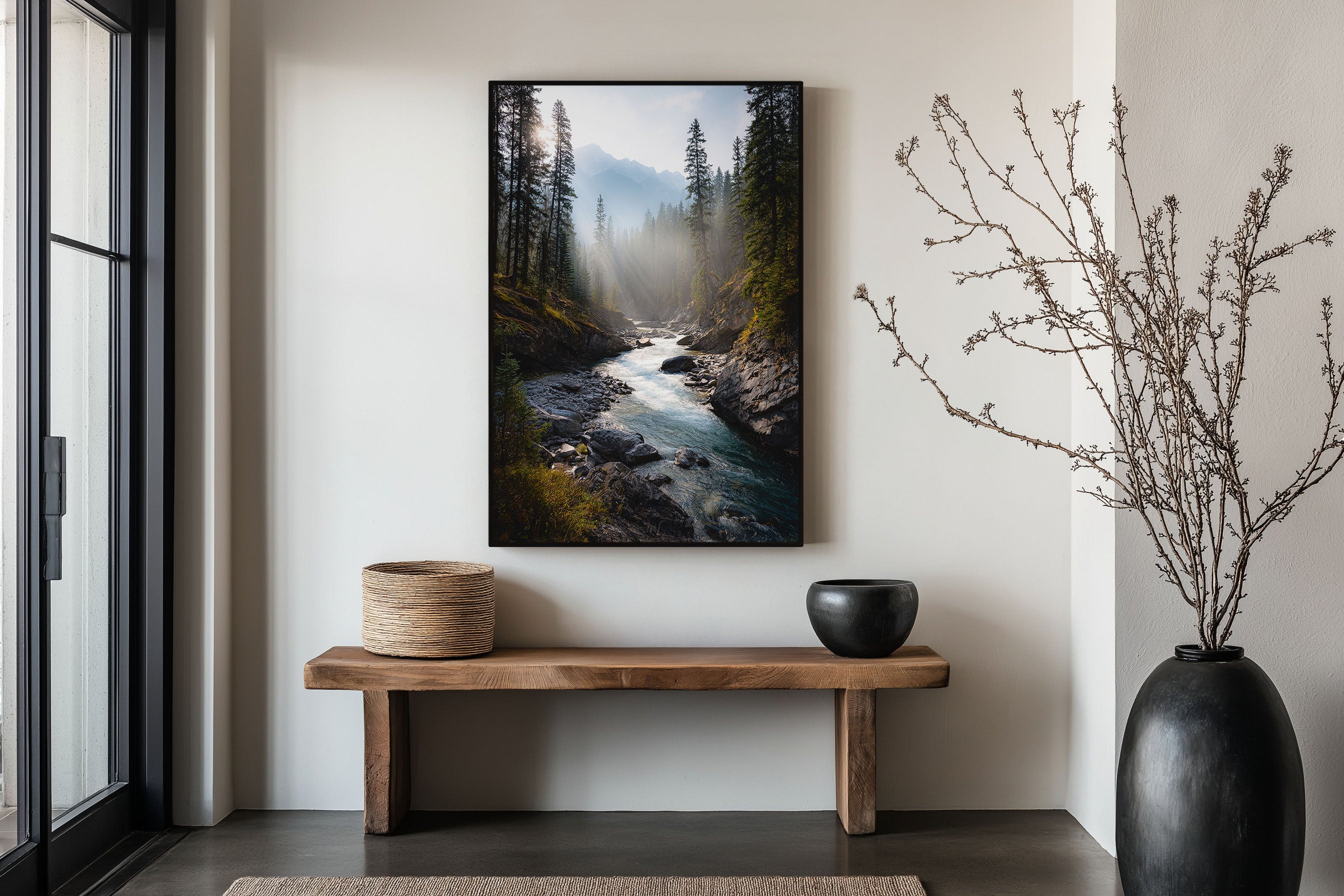 Bow River Banff Print | Canadian Rockies River Forest Wall Art | Rocky Mountain Stream Sun Rays Landscape Photography Poster