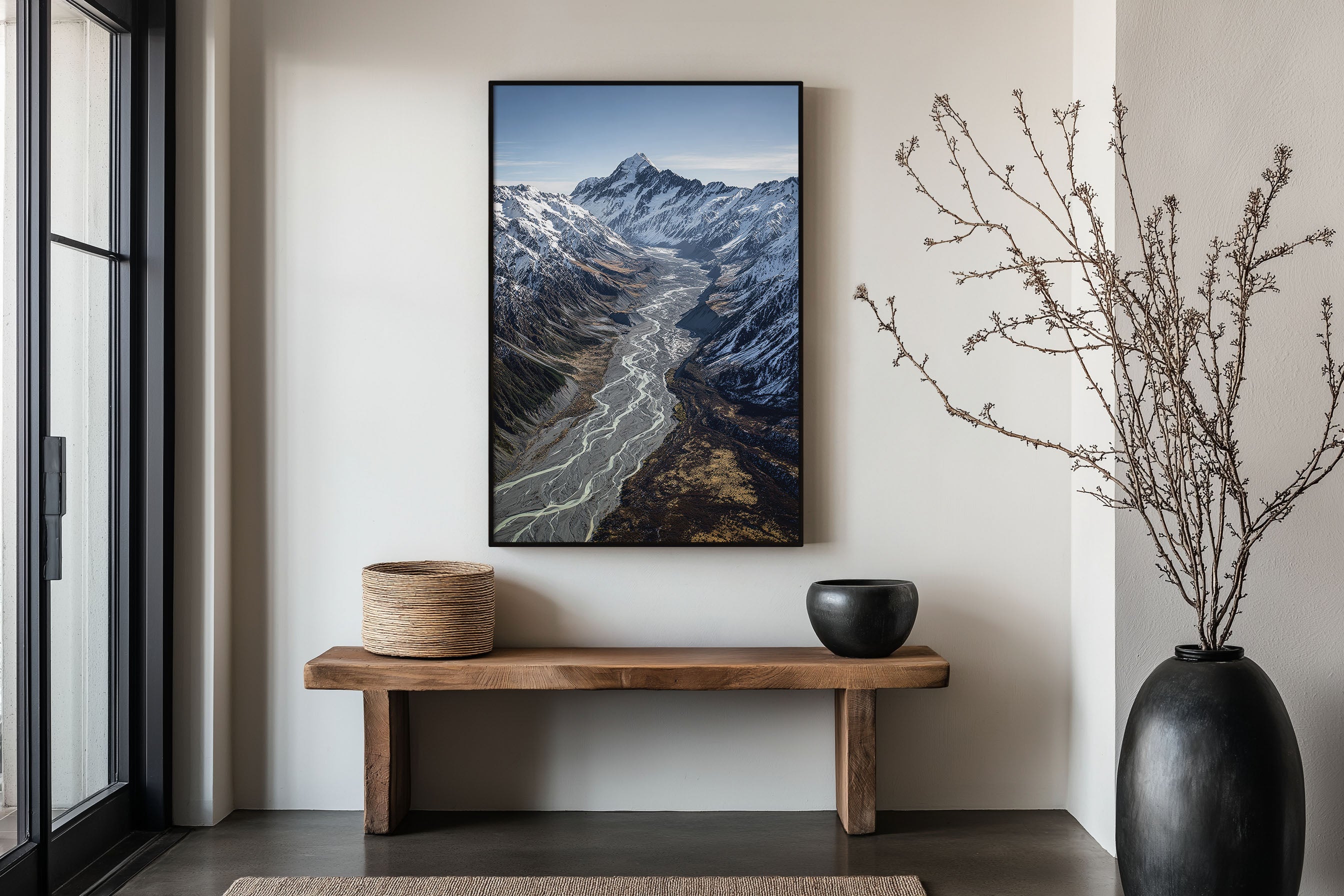 Mount Cook Braided River Valley Wall Art Print | New Zealand Aoraki Aerial Photography | Southern Alps Glacier Valley Poster