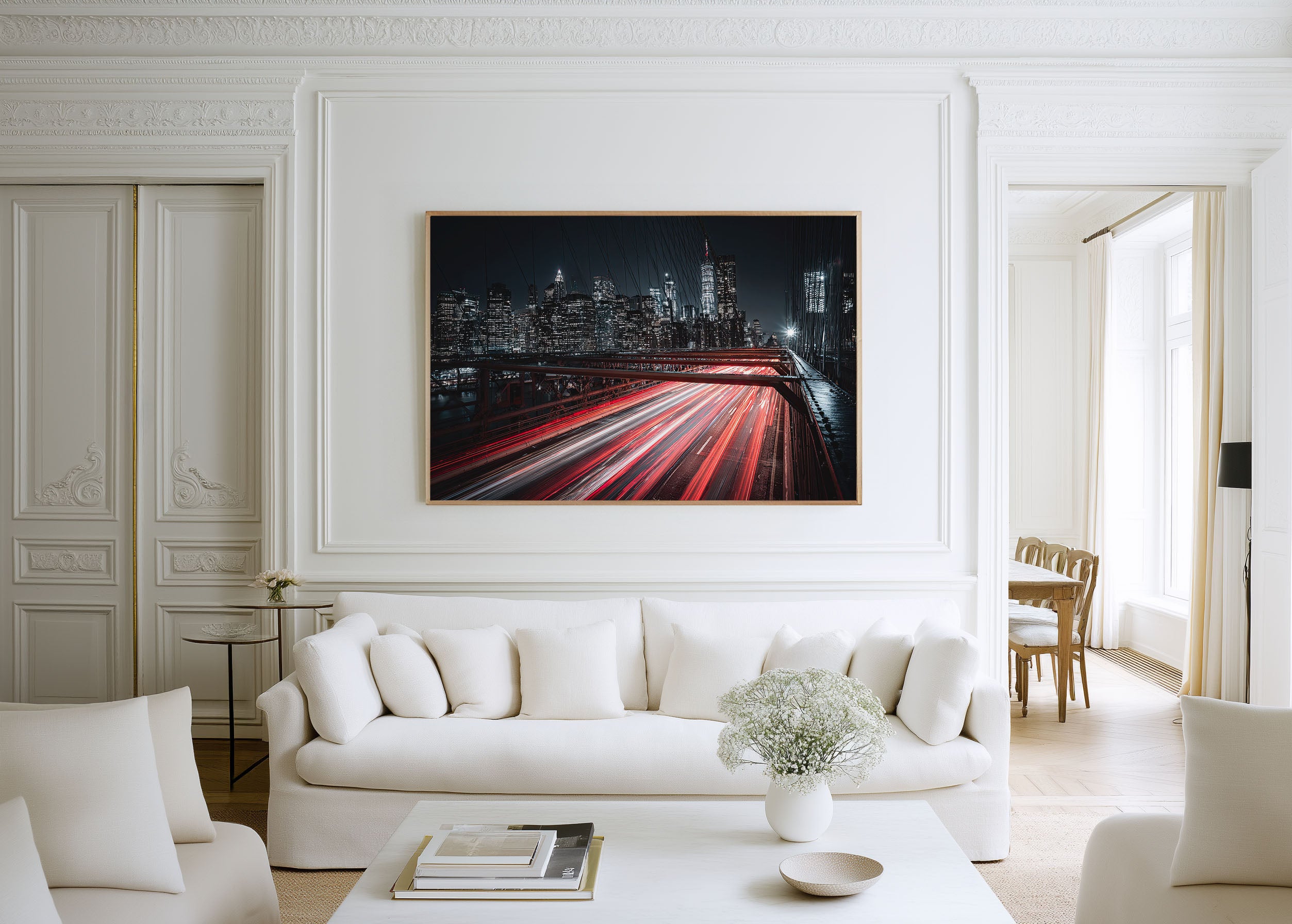 Brooklyn Bridge Night Traffic Wall Art Print, New York City Skyline