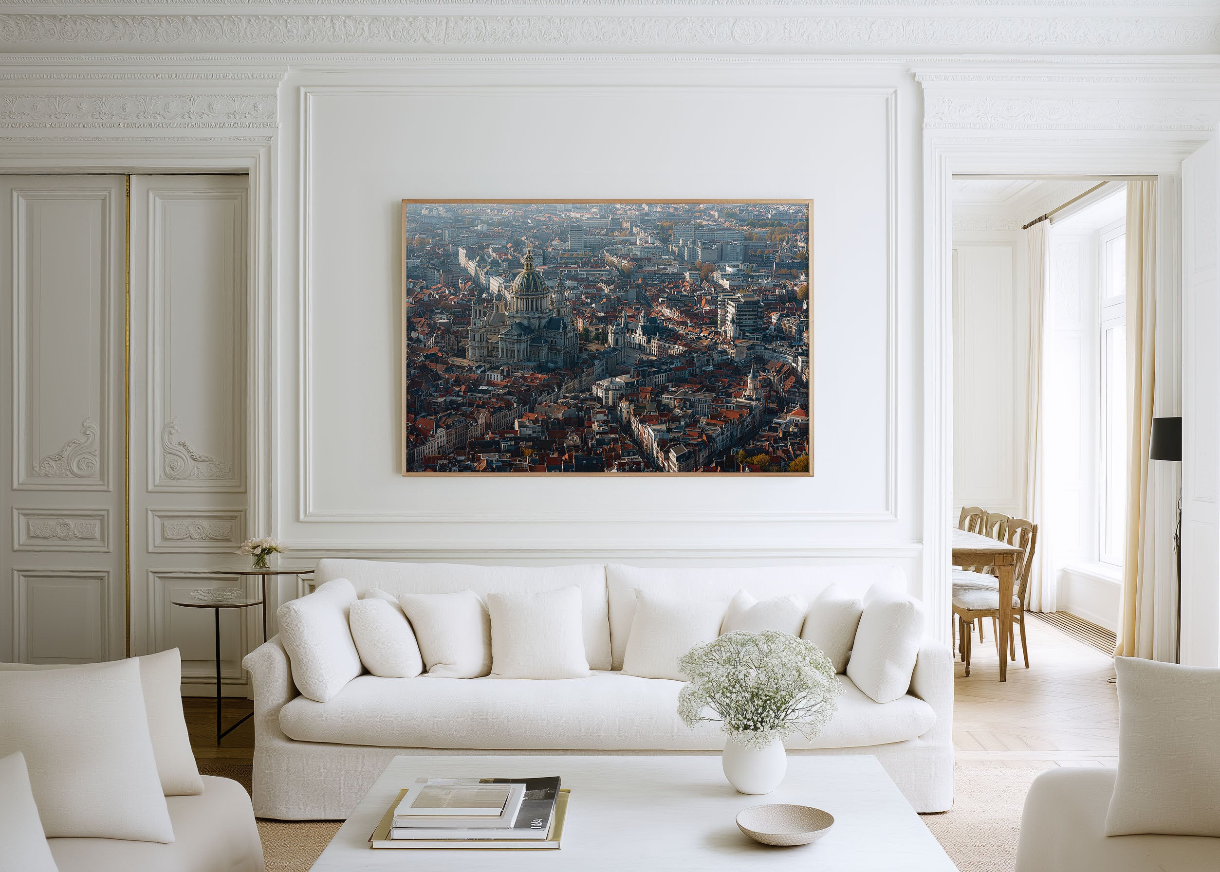 Brussels Cityscape Wall Art – Palace of Justice Golden Dome Rooftop Print, Belgium Aerial Skyline Photography Decor