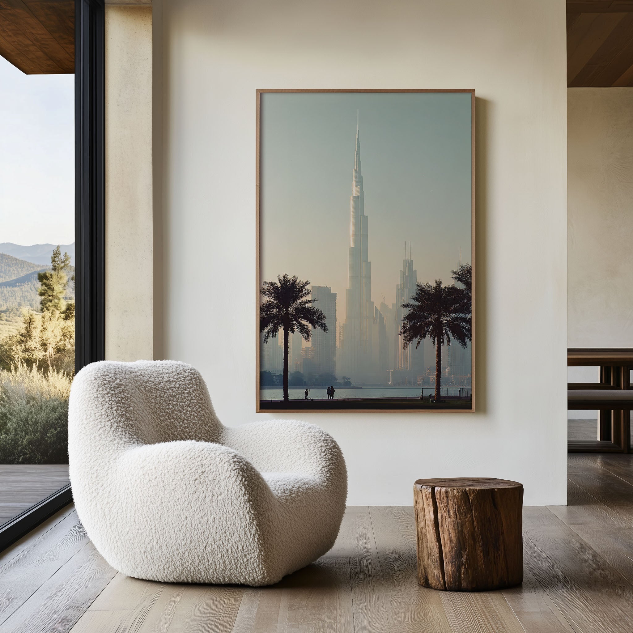 Burj Khalifa Dubai Wall Art Print | Hazy Skyline Palm Tree Photography | UAE Cityscape Landscape Poster | Middle East Travel Print | Minimalist Modern Home Decor