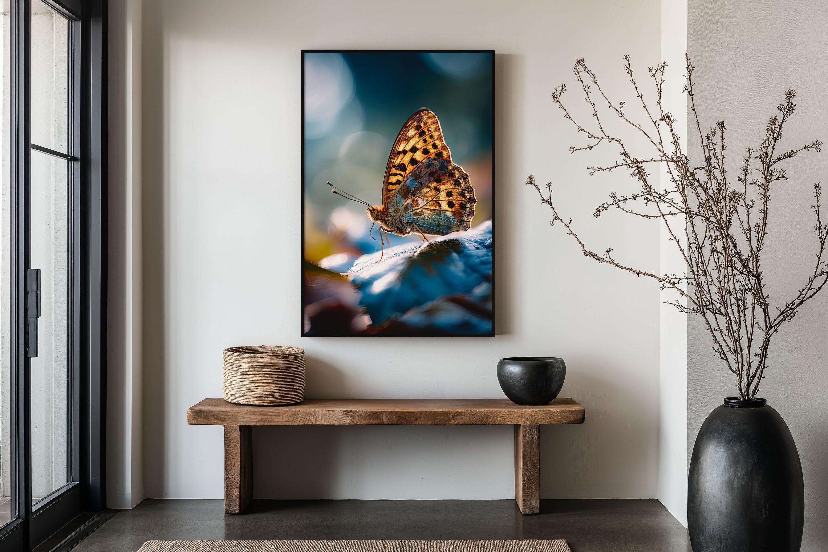 Butterfly Macro Bokeh Wall Art Print | Golden Fritillary Nature Close-Up Photography | Teal Bokeh Wildlife Poster