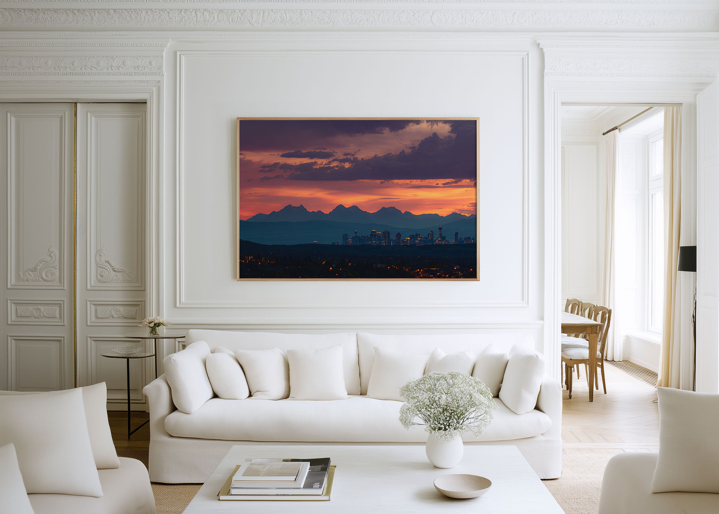 Calgary Skyline Wall Art – Rocky Mountains Dusk Sunset Print, Alberta Canada Cityscape Photography Decor