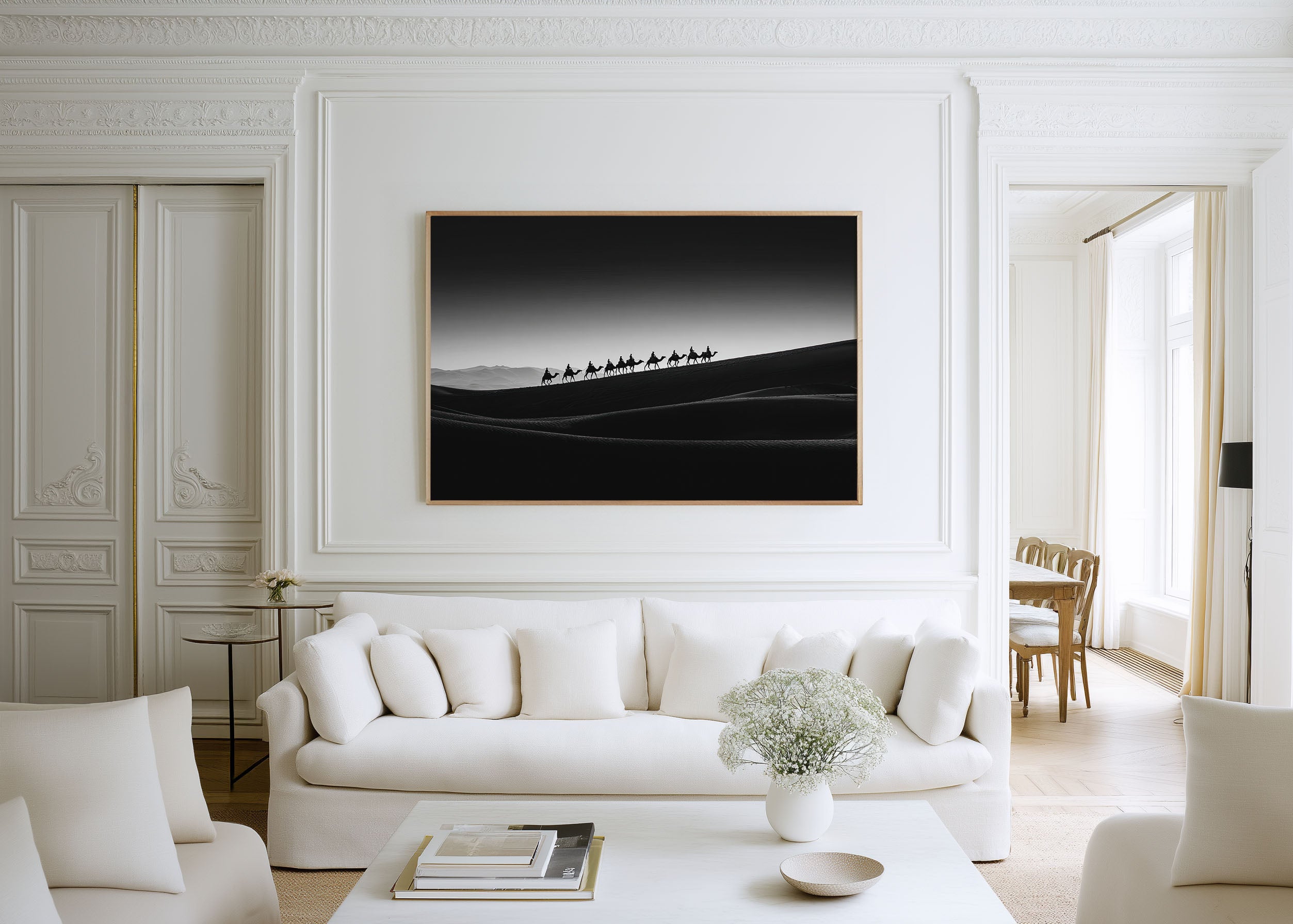 Camel Caravan Desert Wall Art – Black and White Minimalist Photography Print