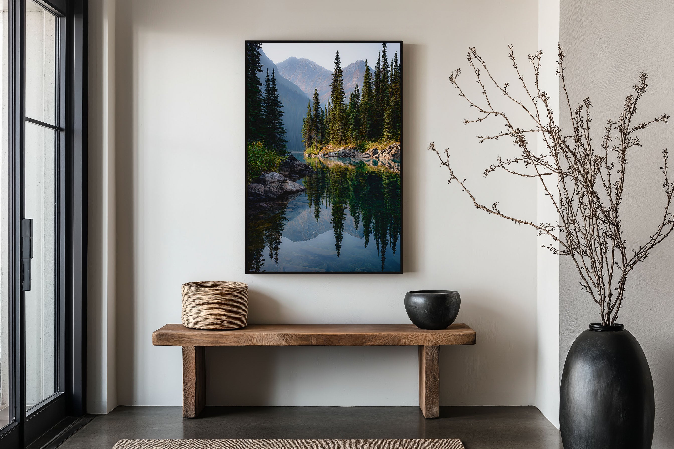 Canadian Rockies Pine Lake Reflection Wall Art Print | Banff Jasper Wilderness Photography | Alpine Forest Mountain Poster