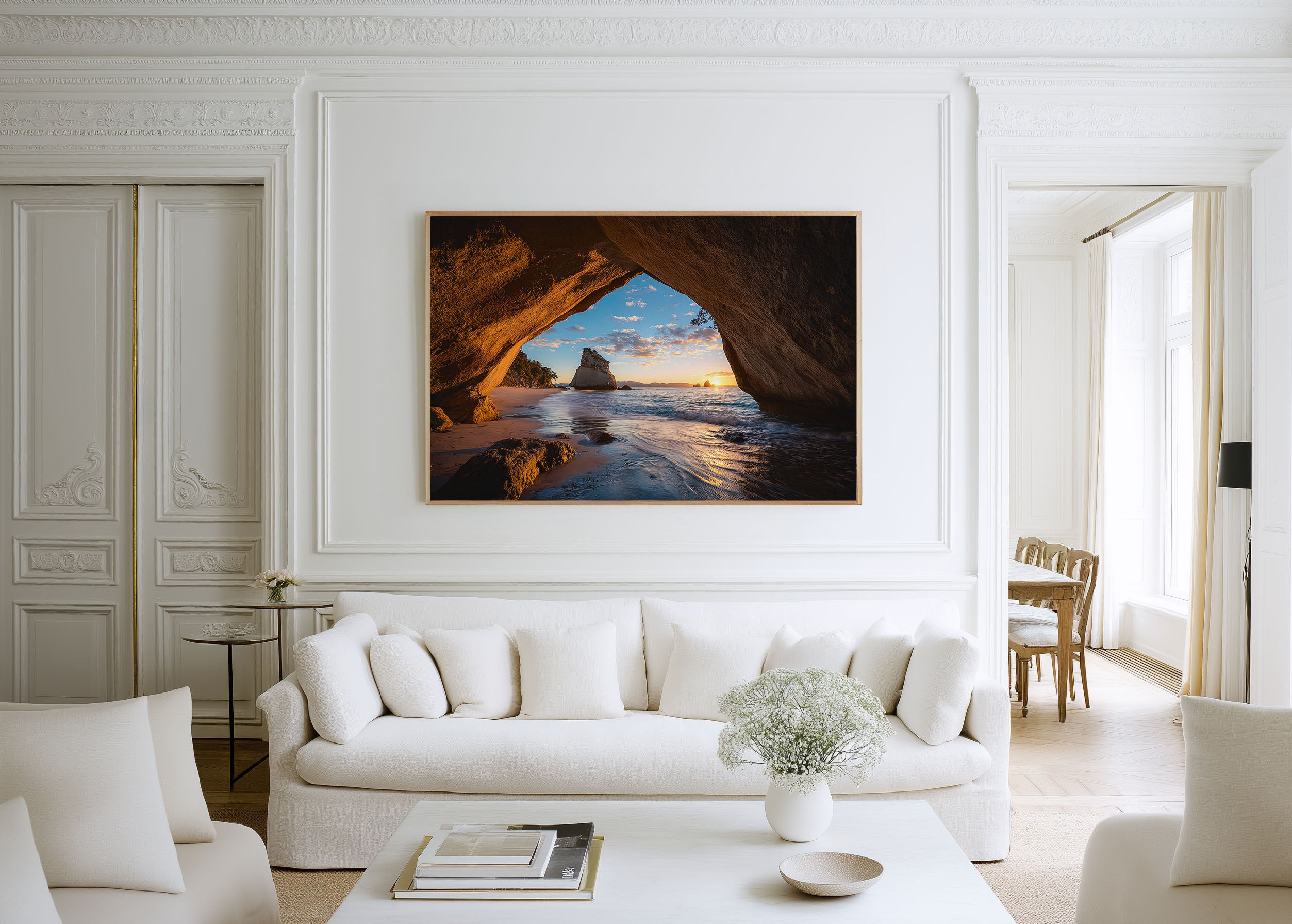Cathedral Cove Wall Art – New Zealand Sunrise Beach Print, Coromandel Ocean Cave Seascape Landscape Decor