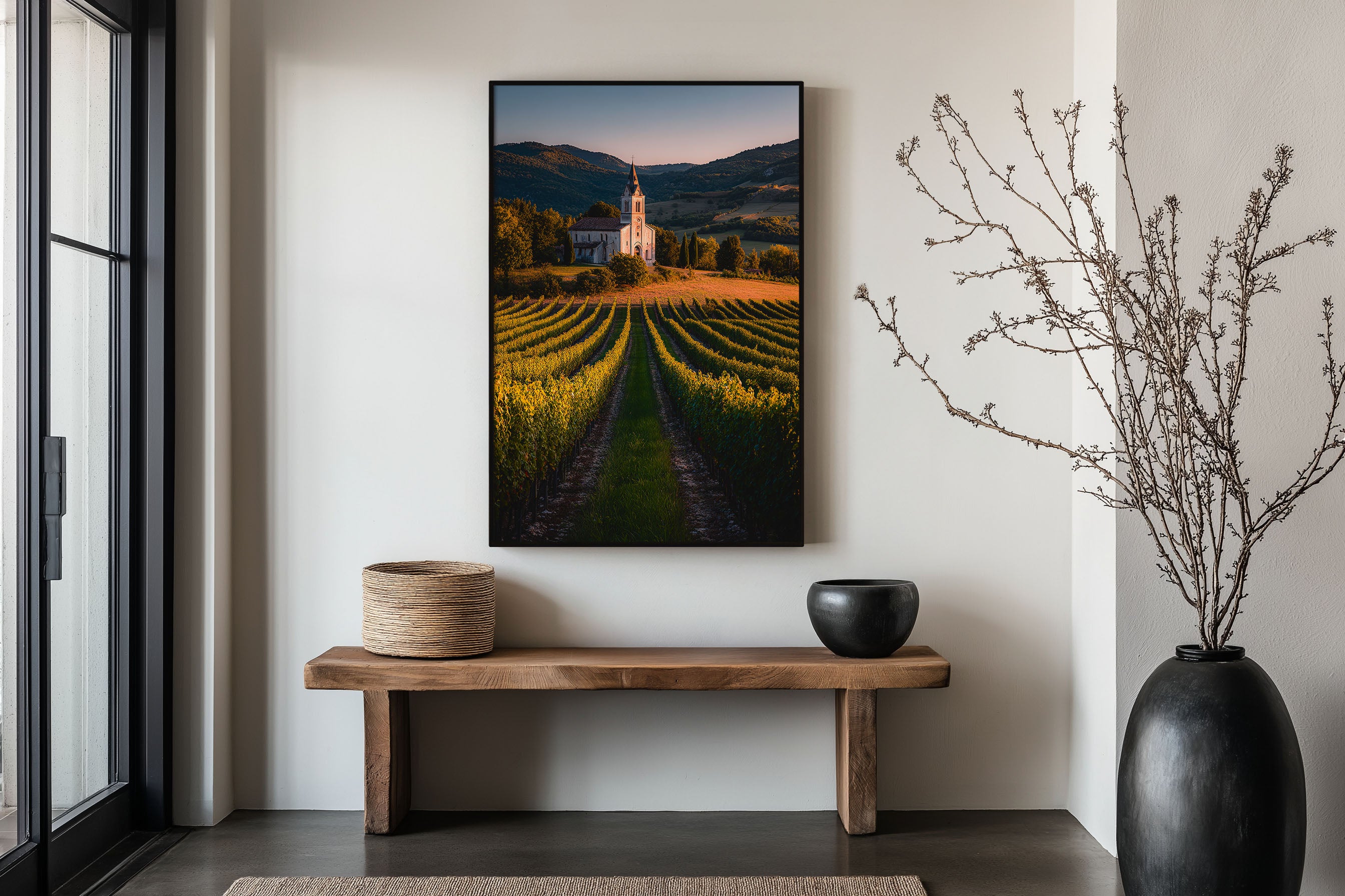 Tuscany Vineyard Church Wall Art Print | Italian Wine Country Landscape Photography | Golden Hour Countryside Pastoral Poster