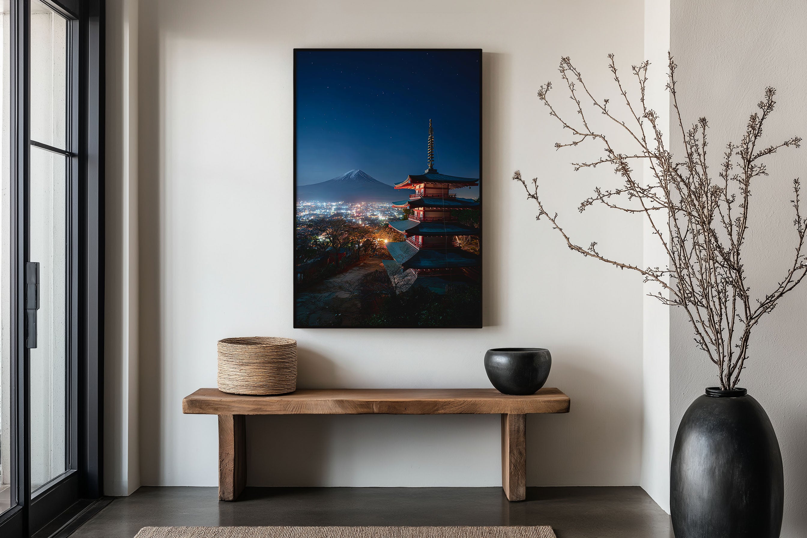 Chureito Pagoda Mount Fuji Night Wall Art Print | Fujiyoshida Japan Photography | Five Storey Pagoda City Lights Poster