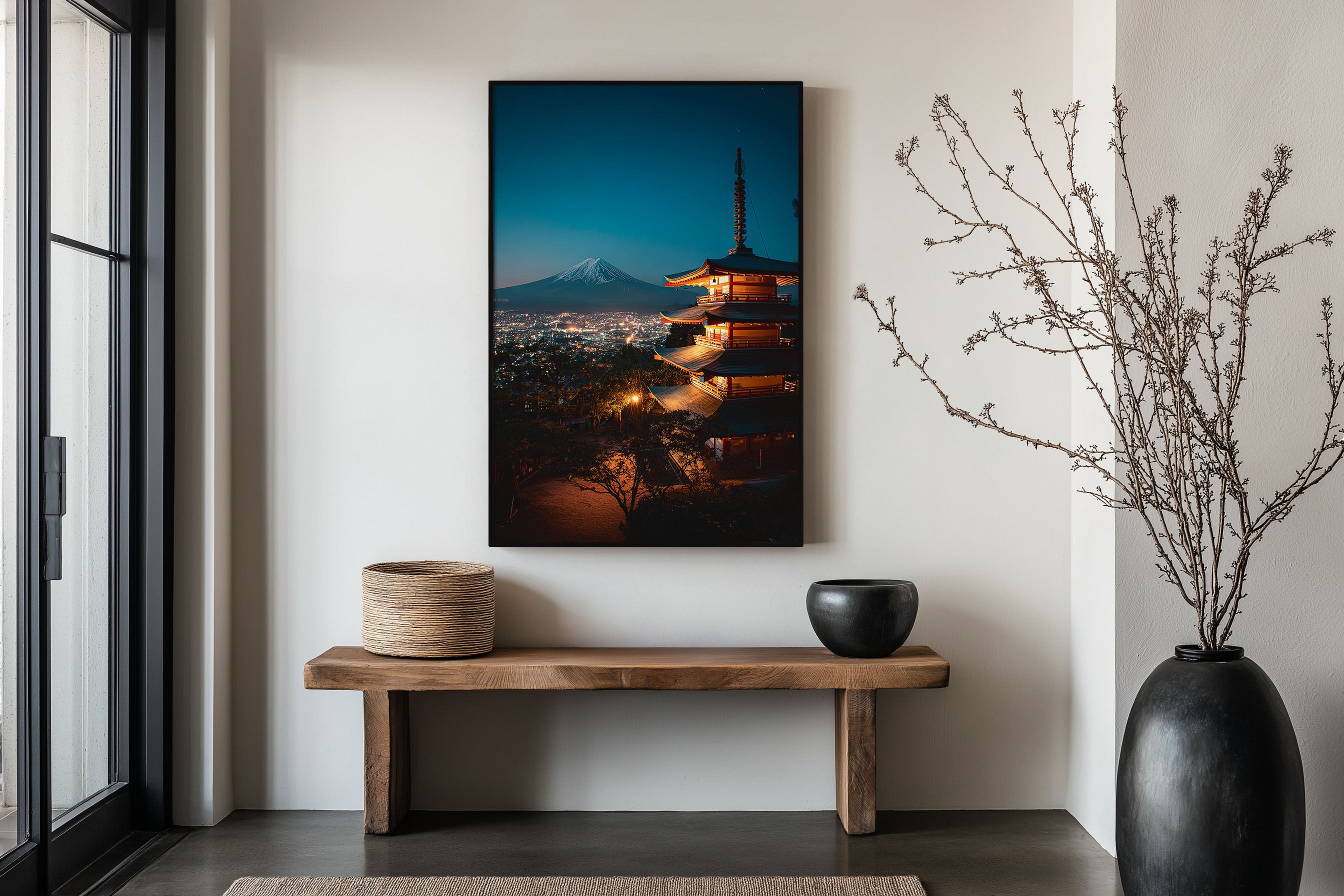 Chureito Pagoda Fuji Night Glow Wall Art Print | Japan Fujiyoshida City Lights Photography | Illuminated Pagoda Blue Hour Poster