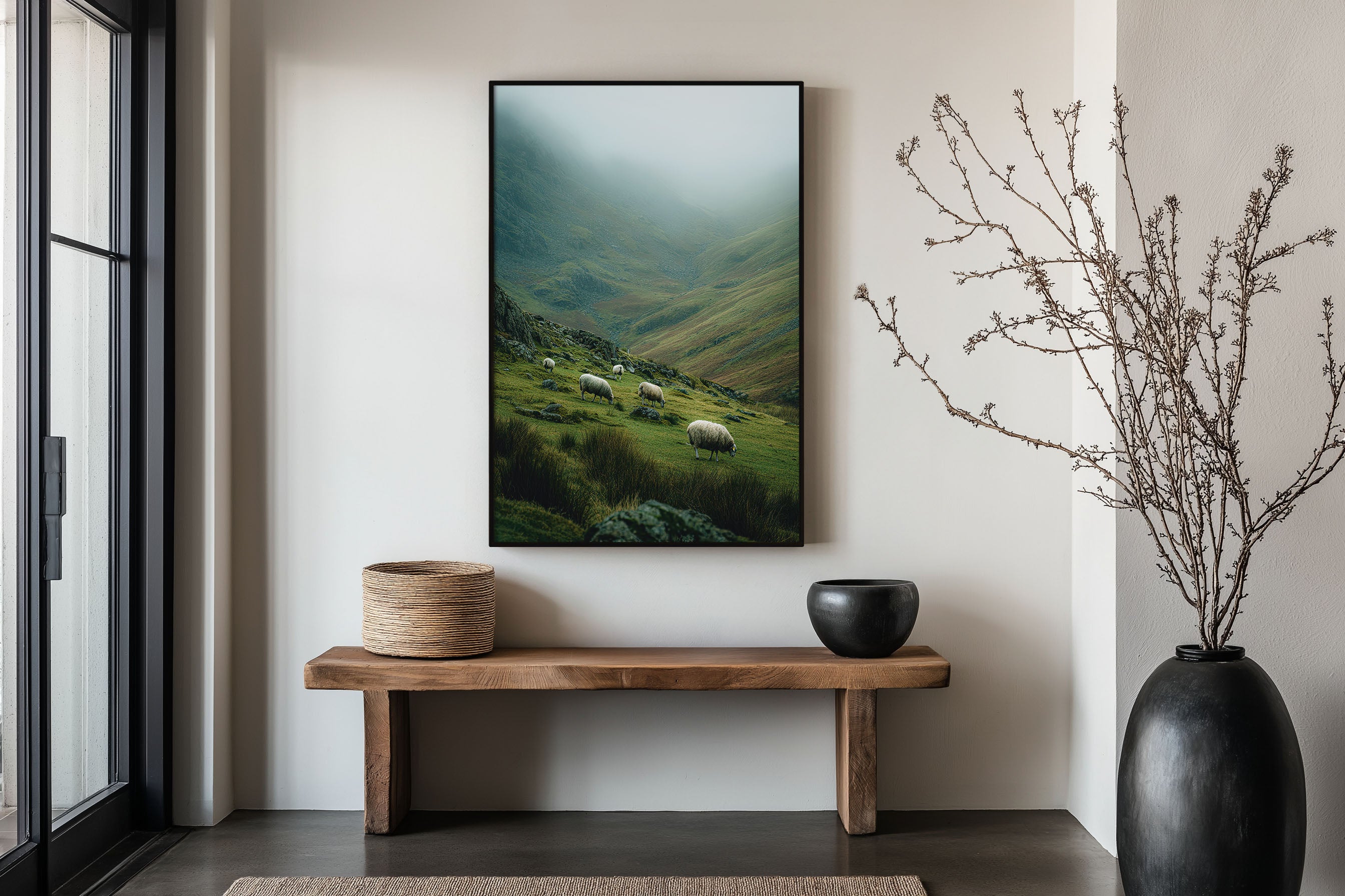 Grazing Sheep Highland Valley Wall Art Print | Ireland Wales Countryside Photography | Misty Green Mountain Pastoral Poster