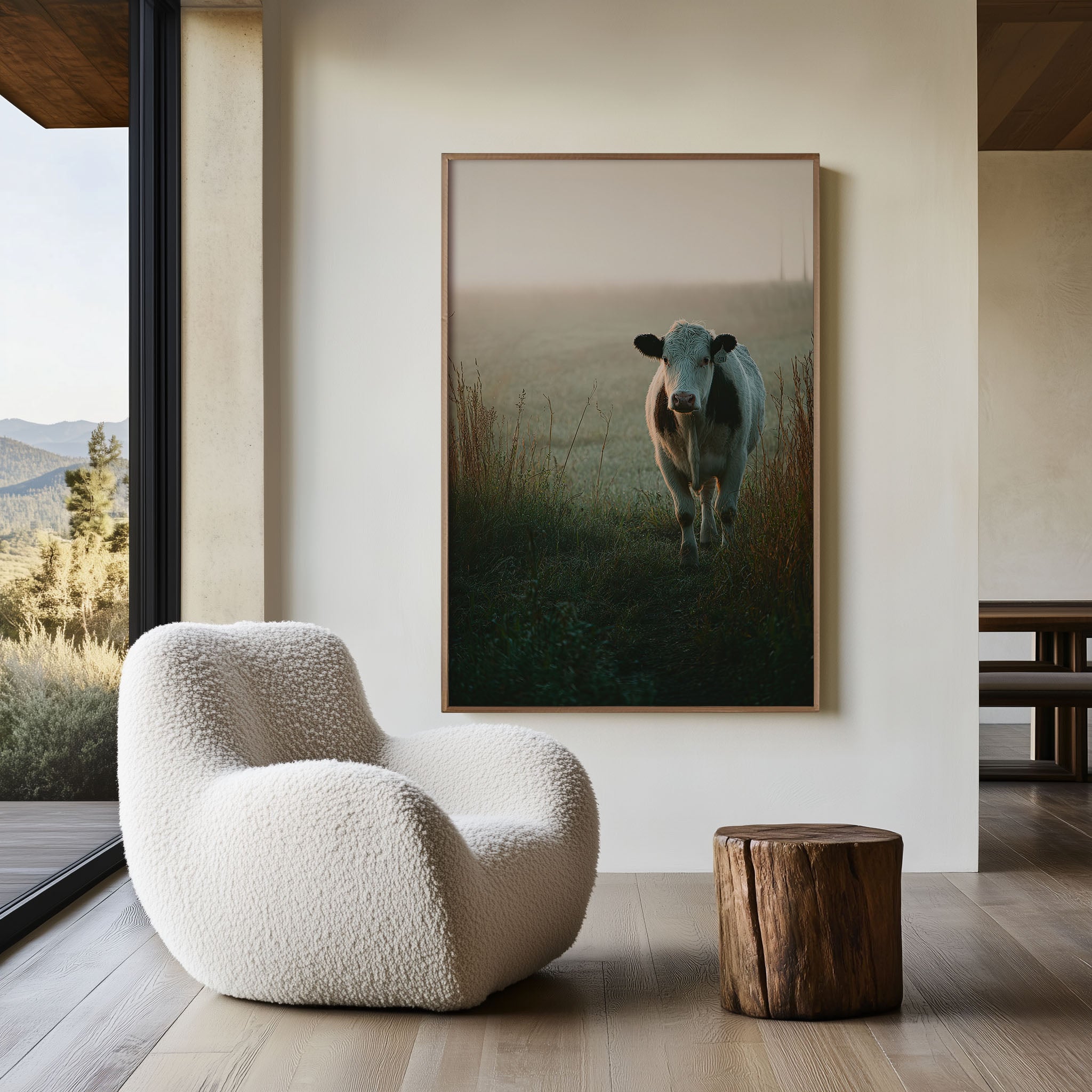 Cow in Morning Mist Field Wall Art | Moody Farmhouse Countryside Animal Print | Documentary Farm Photography Poster