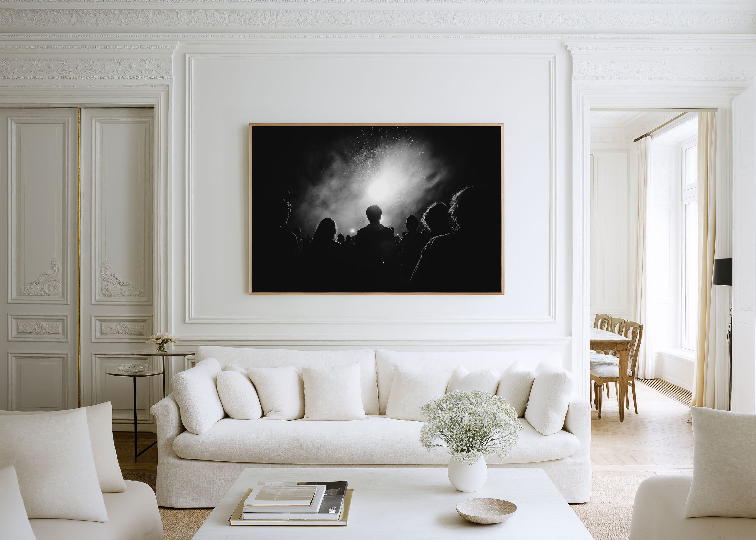 Crowd Watching Fireworks Night Print | Black and White Celebration Wall Art | Festival Photography