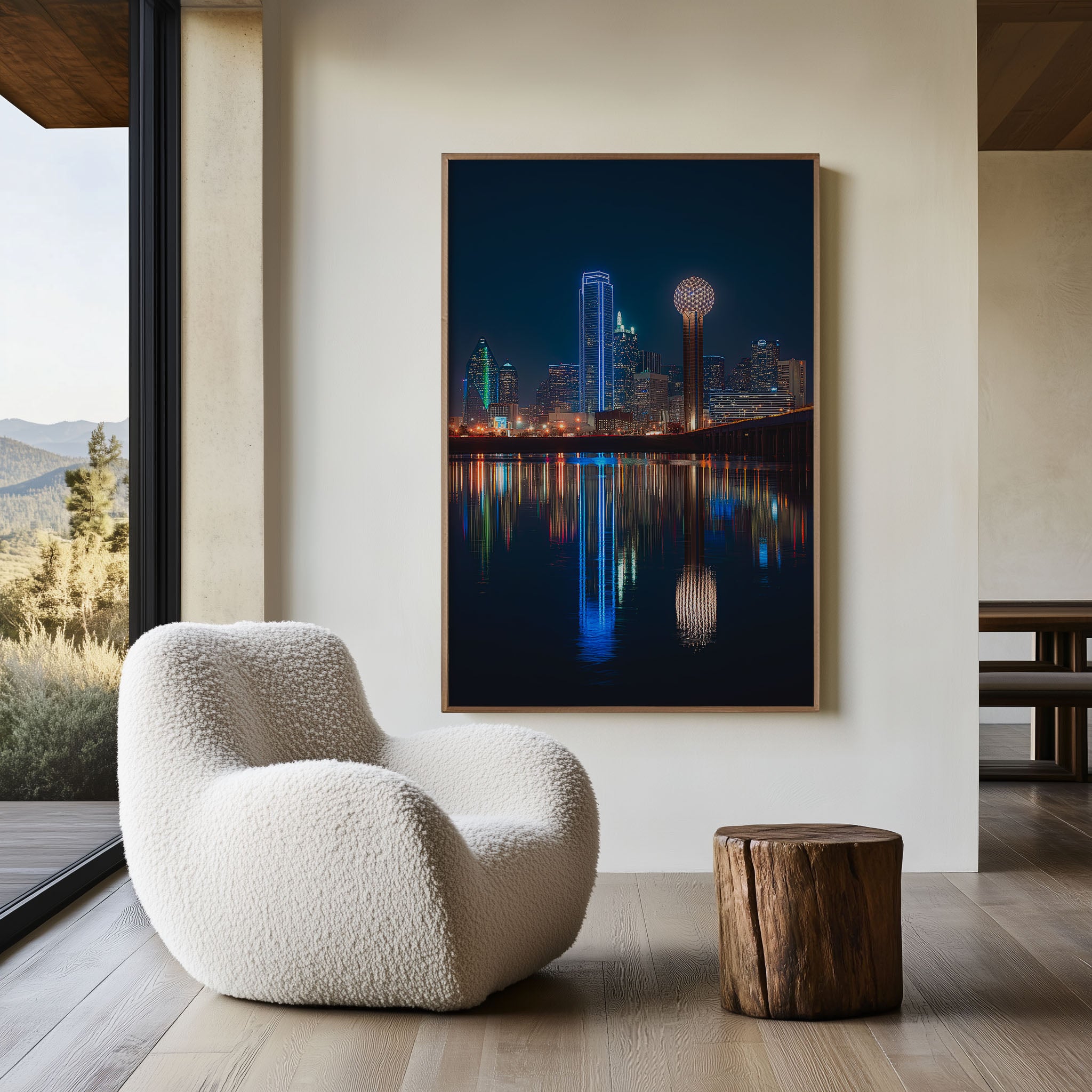 Dallas Skyline Night Wall Art | Reunion Tower Reflection Texas Print | City Lights Photography Poster