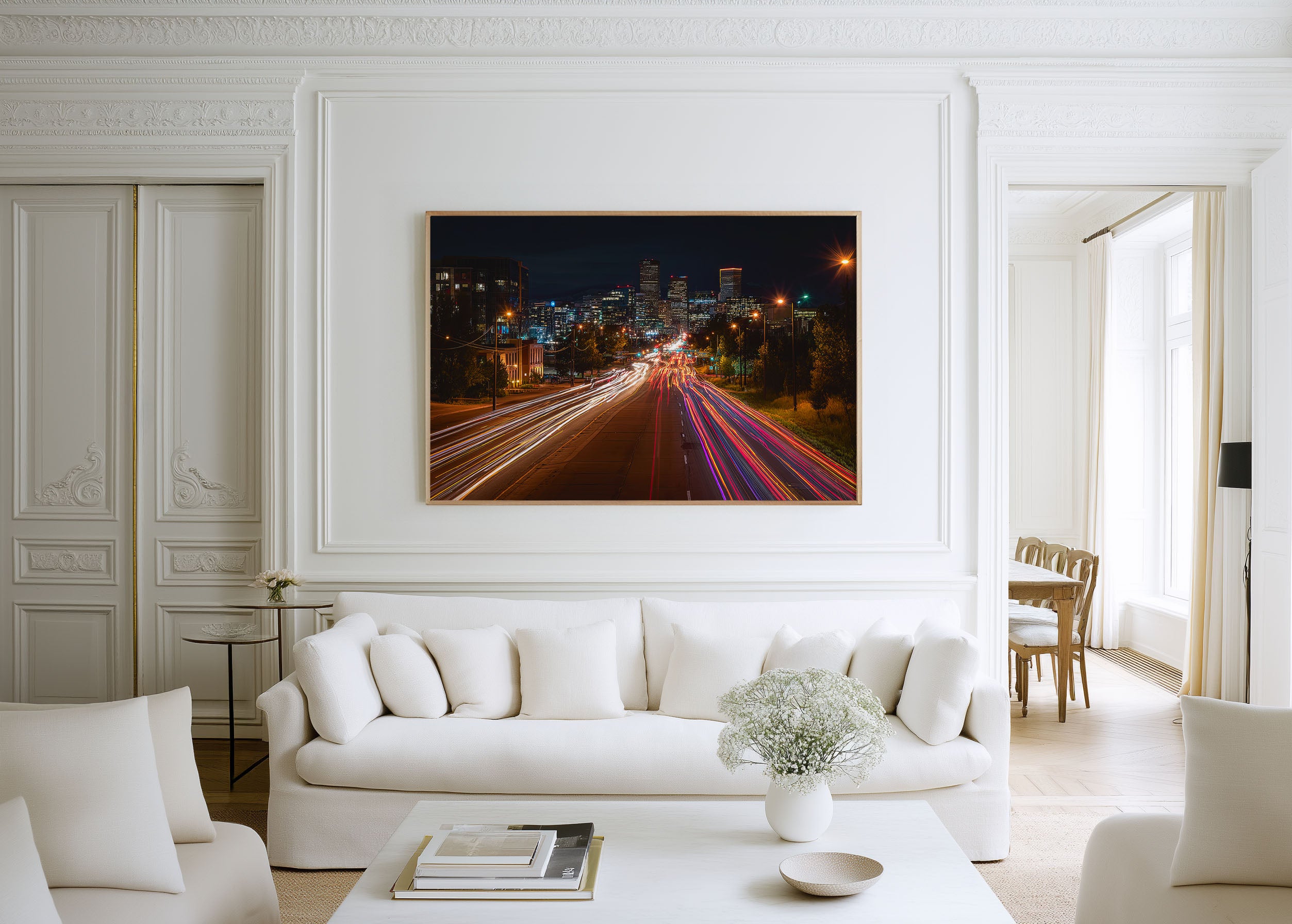 Denver Downtown Night Traffic Wall Art Print, Colorado Skyline
