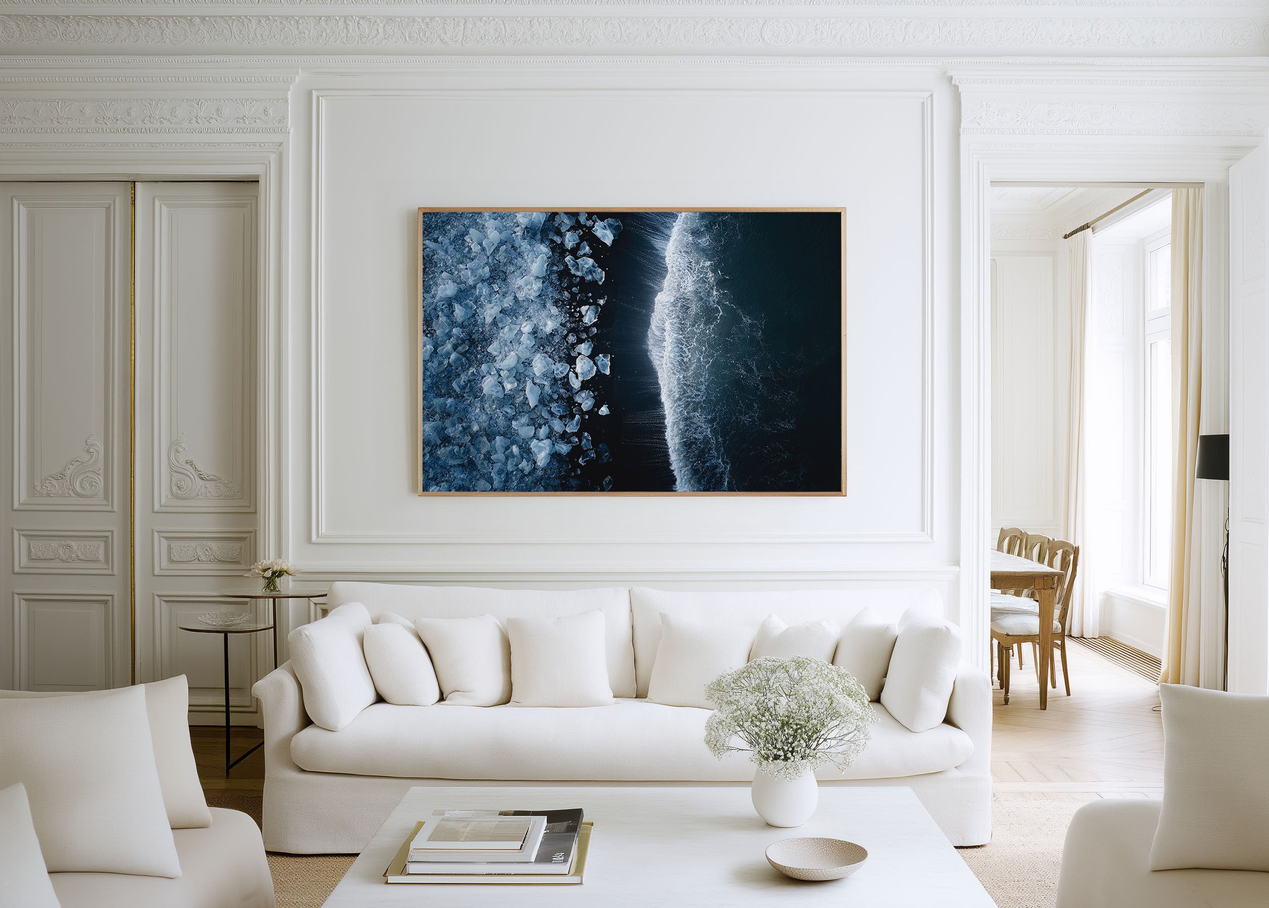 Diamond Beach Iceland Print | Glacier Ice Black Sand Ocean Aerial Photography Wall Art