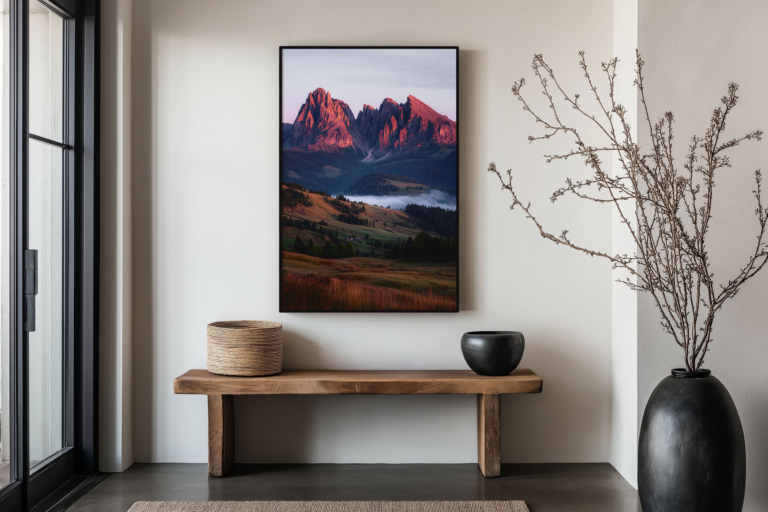Alpe di Siusi Dolomites Alpenglow Wall Art Print | Italy Seiser Alm Photography | Sassolungo Sunrise Mountain Mist Poster