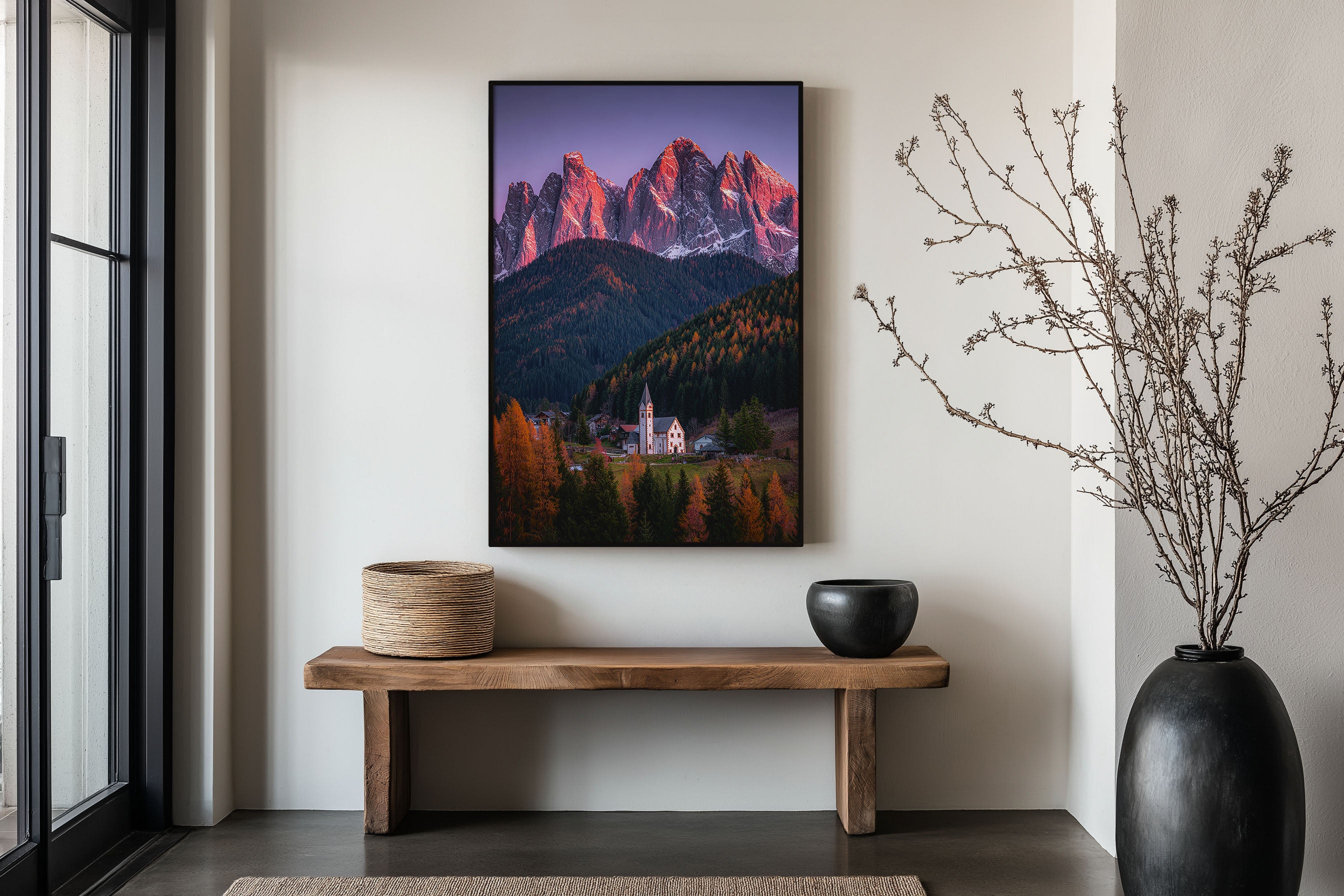 Dolomites Alpenglow Church Wall Art Print | Val di Funes Italy Autumn Photography | Santa Maddalena Mountain Poster