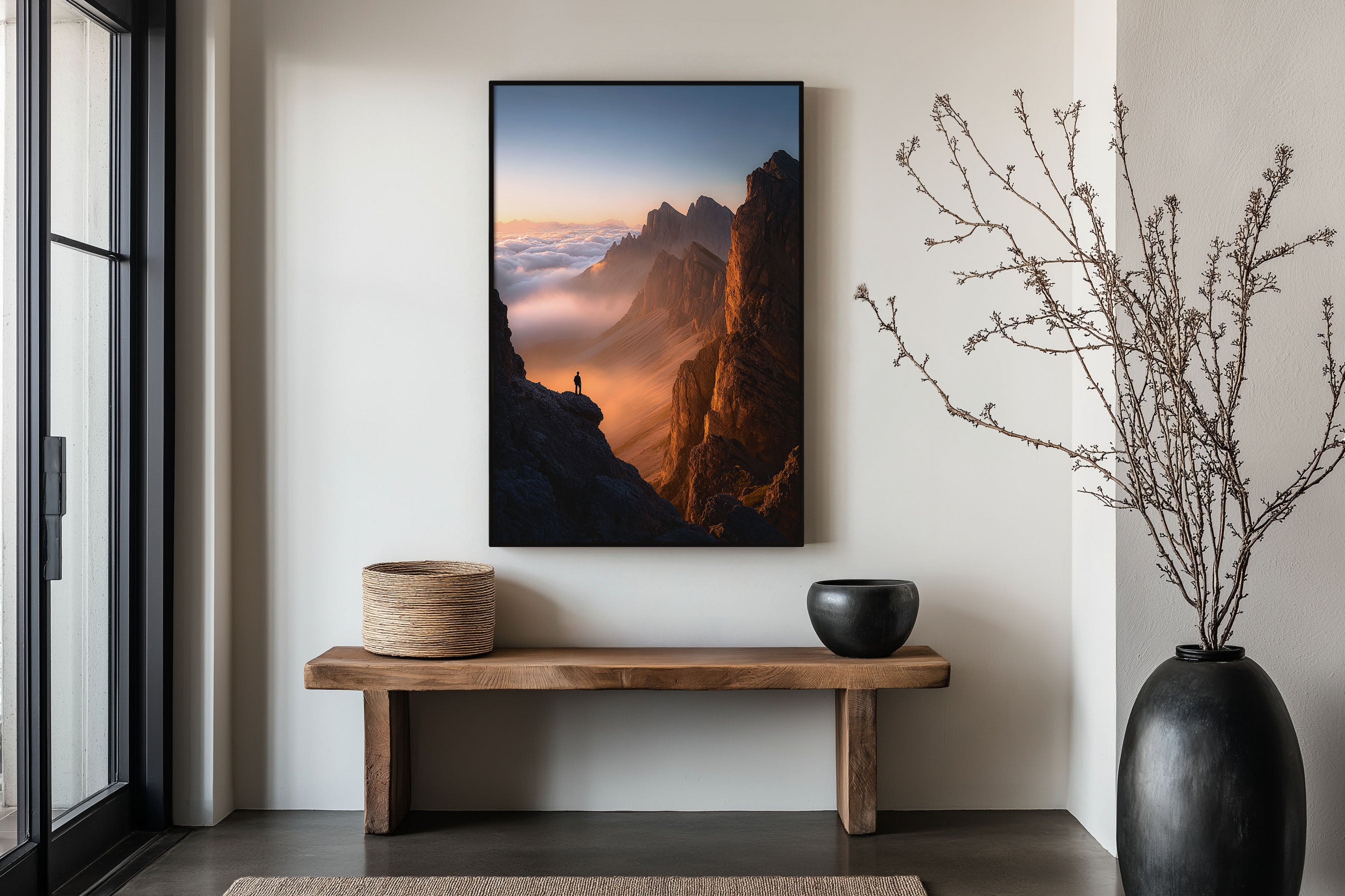 Dolomites Hiker Above Clouds Sunset Wall Art Print | Italy Mountain Silhouette Photography | Sea of Clouds Golden Hour Poster
