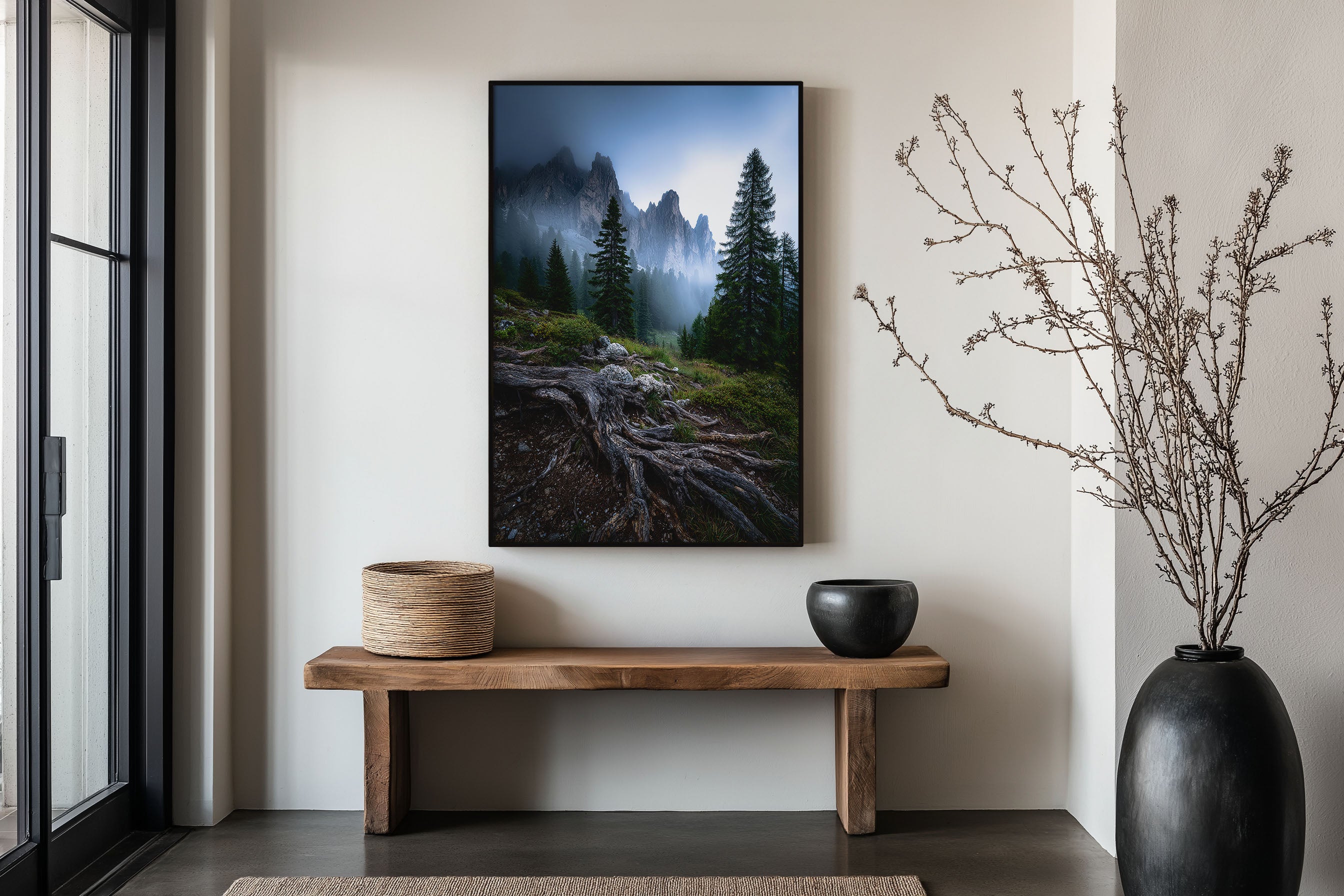 Dolomites Misty Forest Roots Wall Art Print | Italy Mountain Fog Photography | Moody Pine Tree Rock Spire Poster