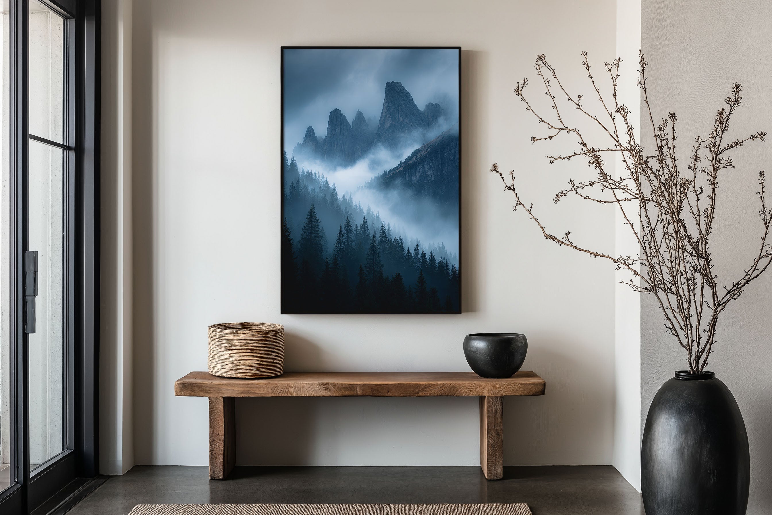 Dolomites Moody Blue Fog Forest Wall Art Print | Italy Misty Mountain Photography | Dark Pine Tree Storm Cloud Poster