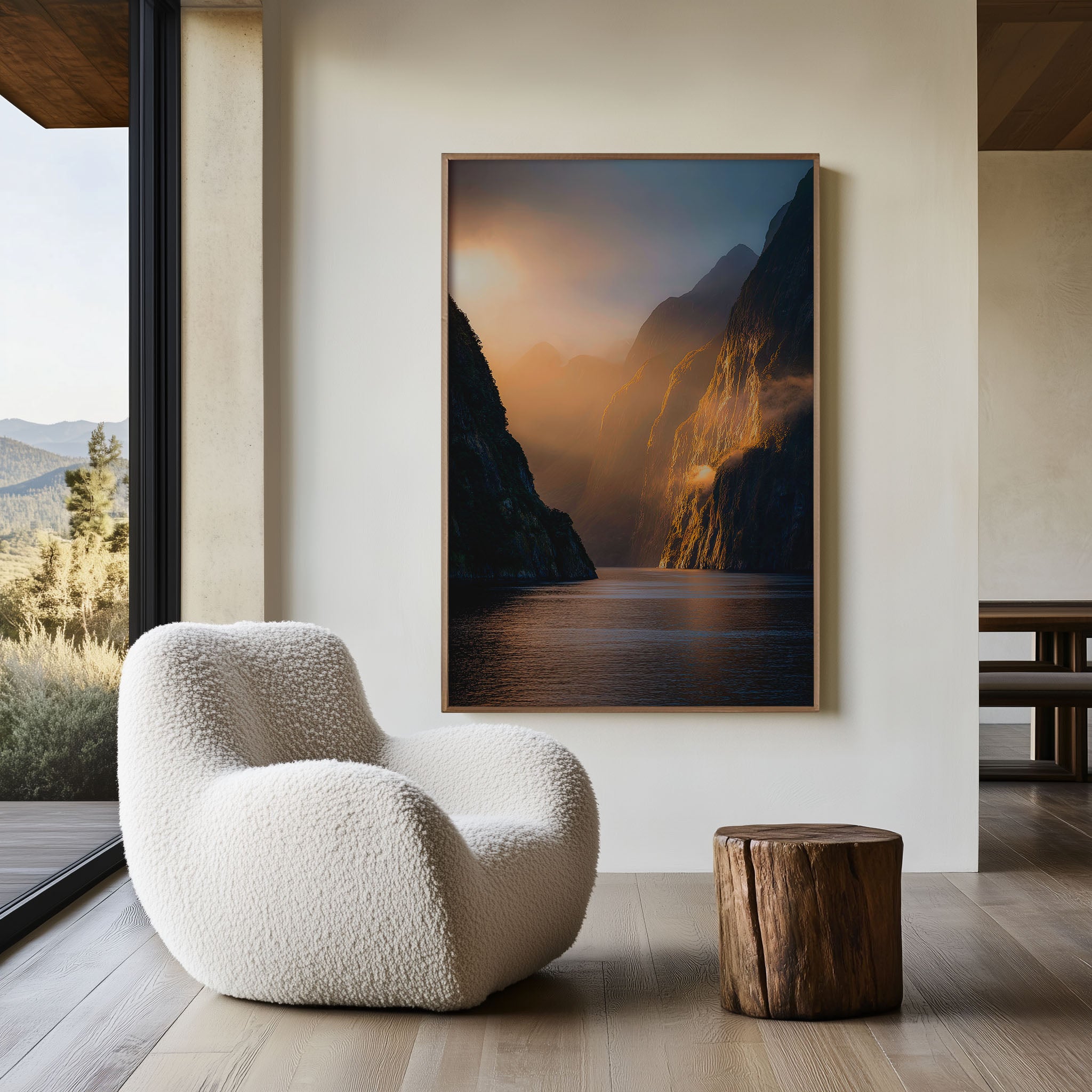 Doubtful Sound Sunrise Wall Art | Fiordland New Zealand Golden Mist Fjord Landscape Print | NZ Travel Photography