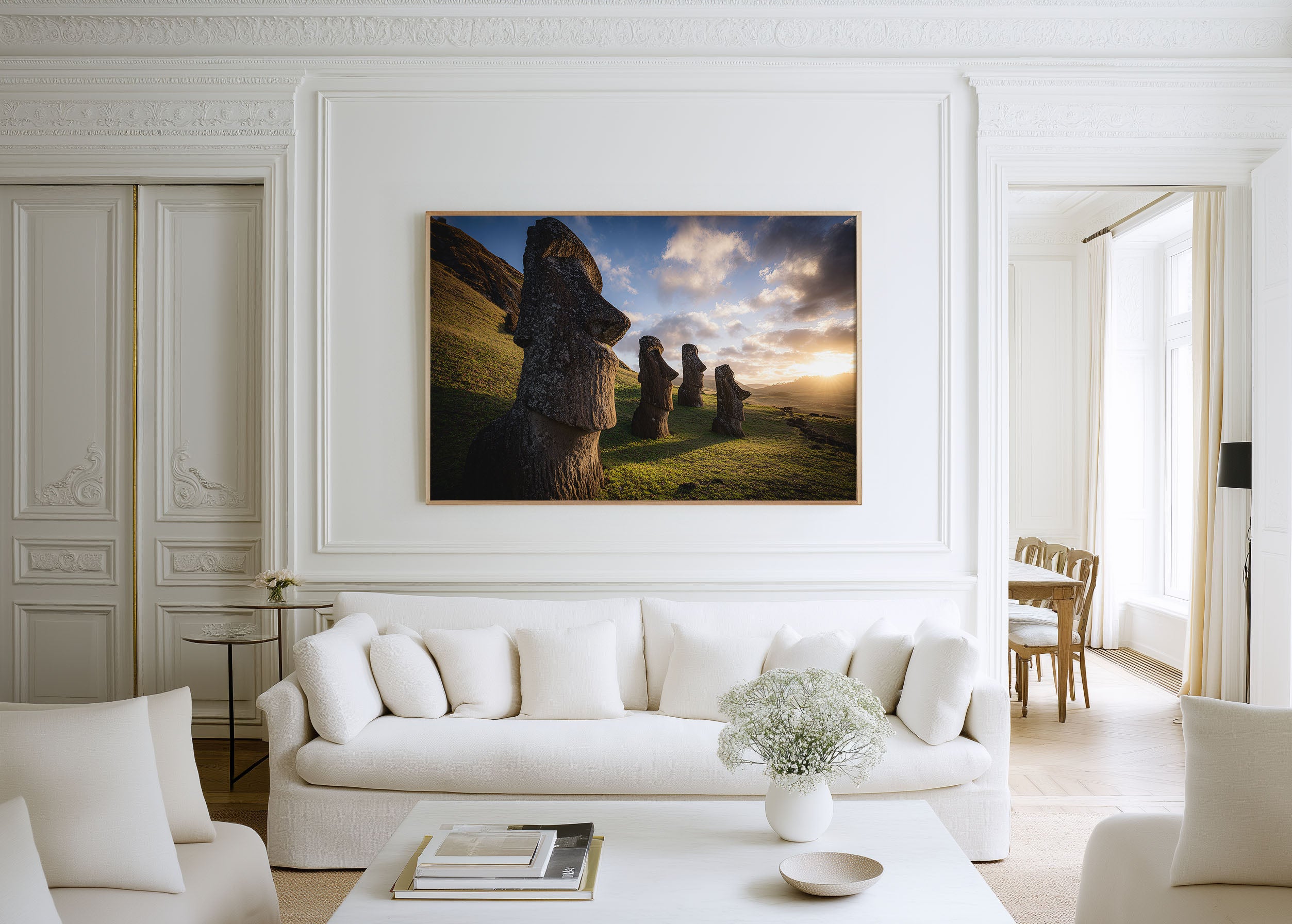 Easter Island Moai Statues Wall Art – Rapa Nui Sunrise Landscape Print, Ancient Stone Sculpture Decor