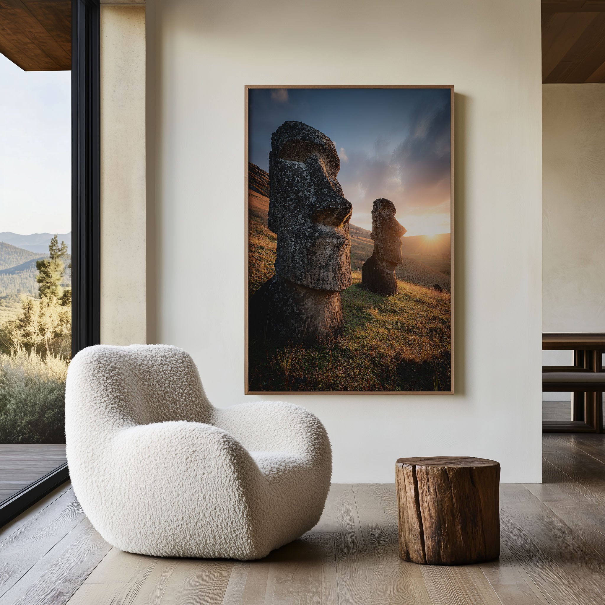Easter Island Rapa Nui Two Moai Sunrise Wall Art | Ancient Stone Statues Golden Hillside Print | Archaeological Travel Photography