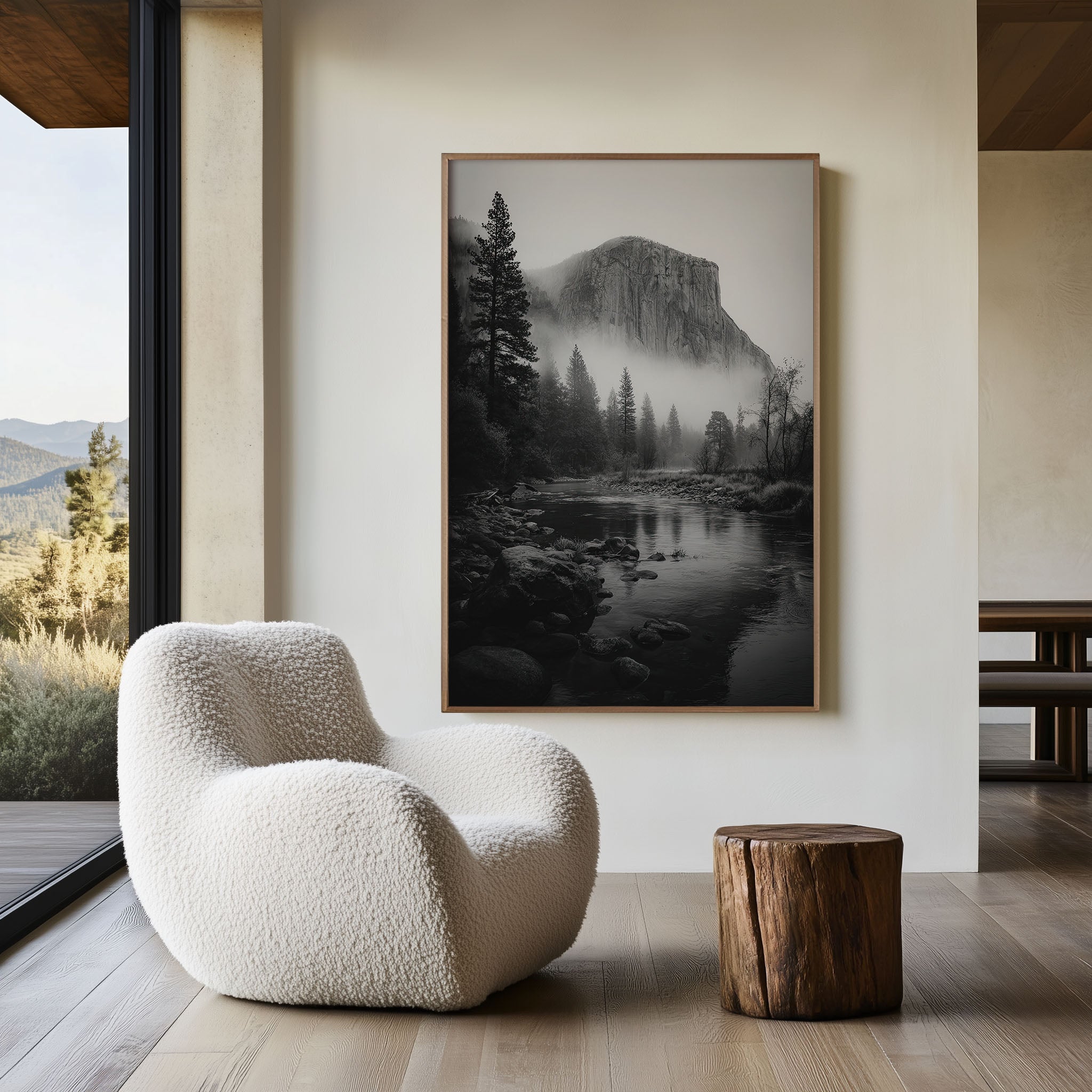 Yosemite El Capitan Mist Wall Art Print | Black & White Merced River Photography | Moody Forest Landscape Poster | California Nature Print | Minimalist Home Decor