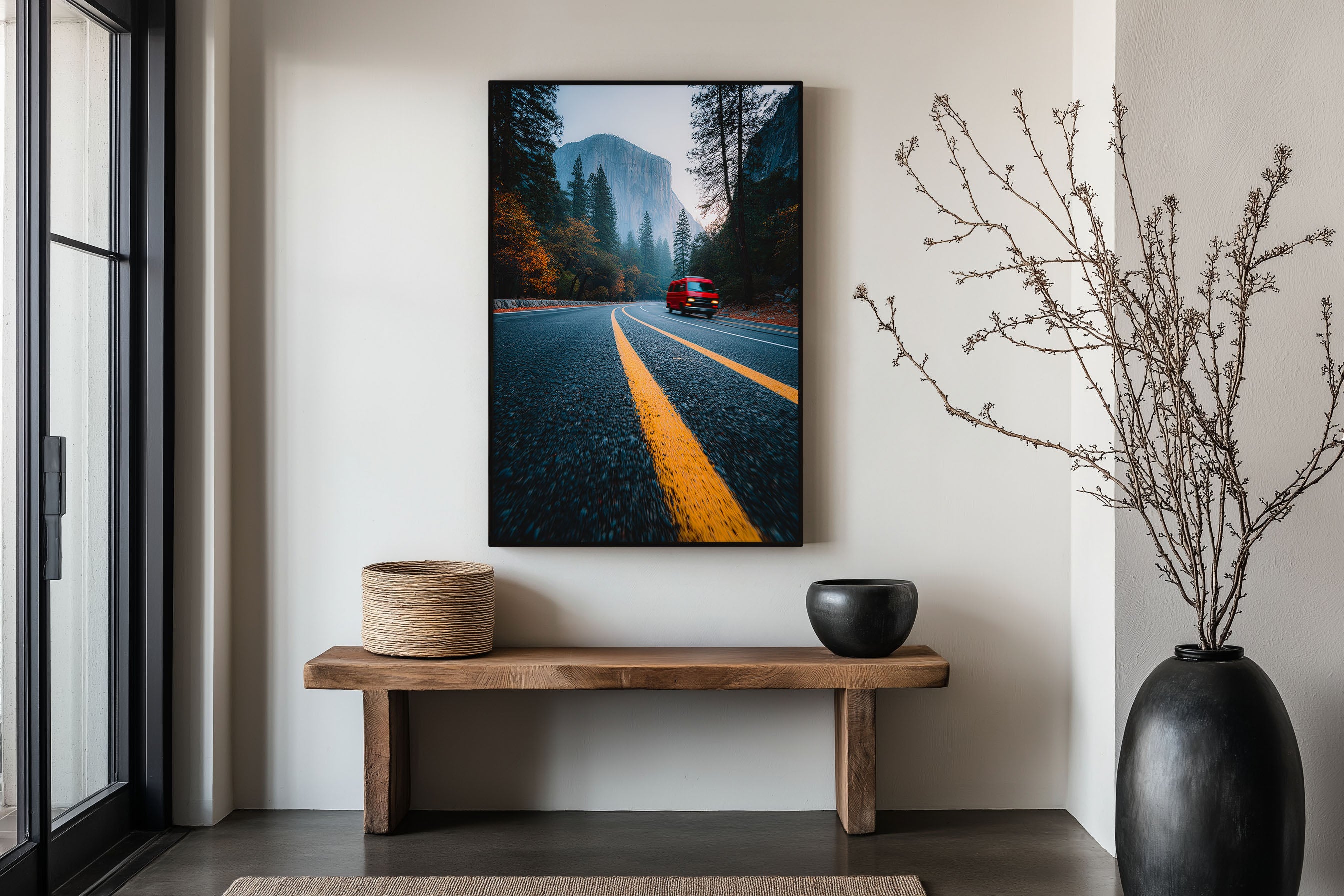 Yosemite El Capitan Van Life Road Print | Yosemite Valley Autumn Road Wall Art | Yosemite Red Van Misty Morning Valley Road Photography Poster