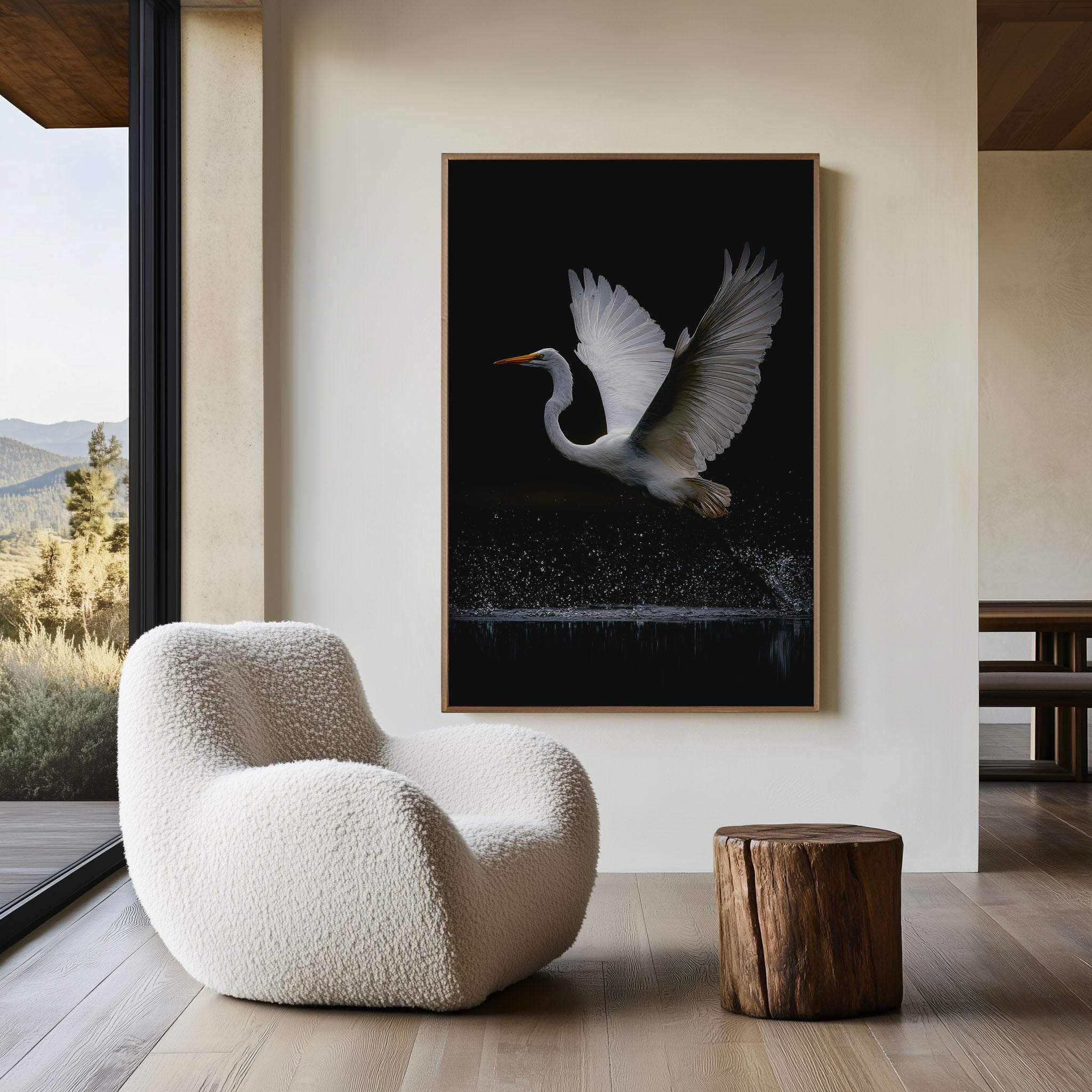 Elegant White Bird Wall Art – Minimalist Wildlife Canvas Print, Black Background Decor