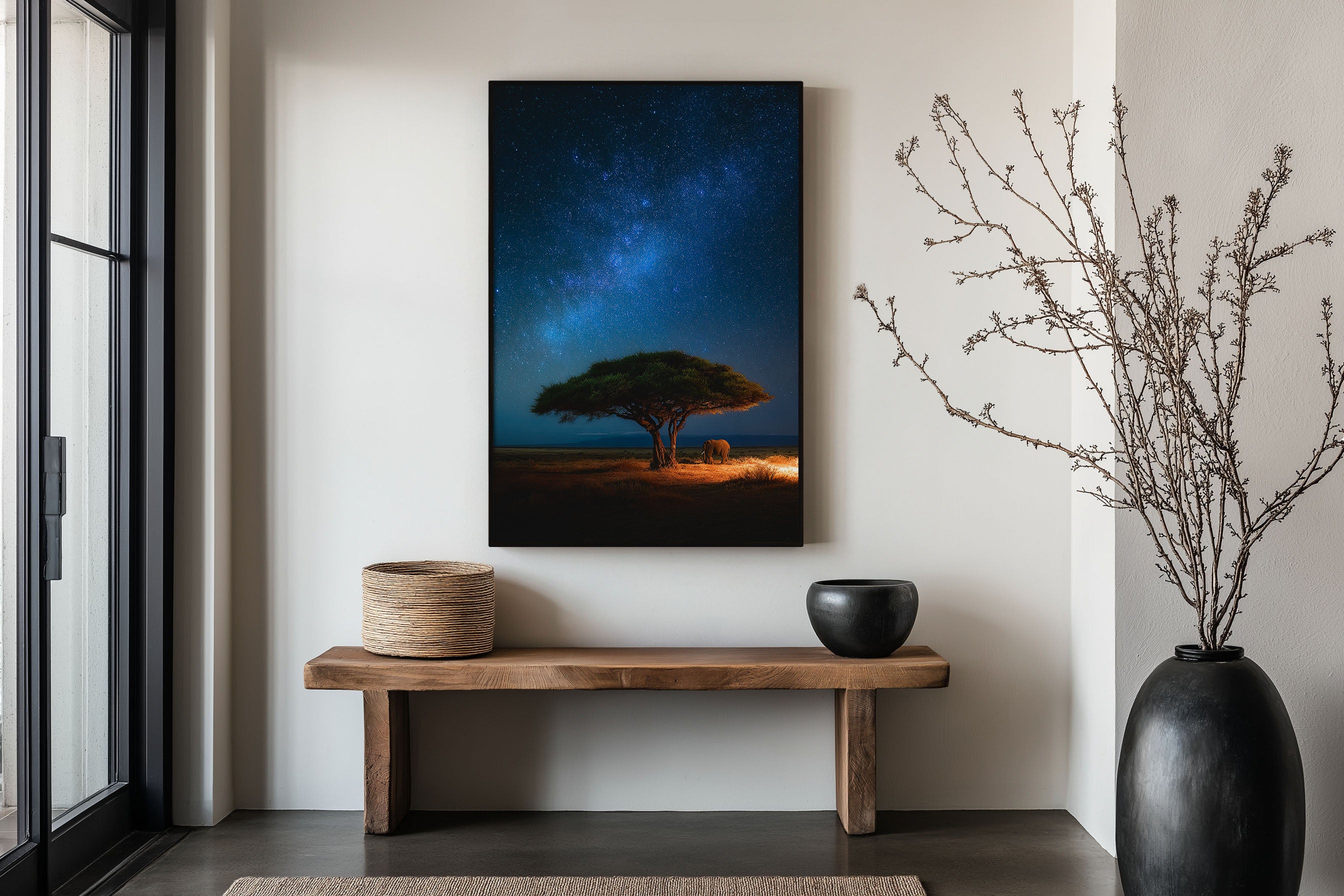 Elephant Milky Way Africa Wall Art Print | African Safari Night Sky Photography | Acacia Tree Savanna Galaxy Poster