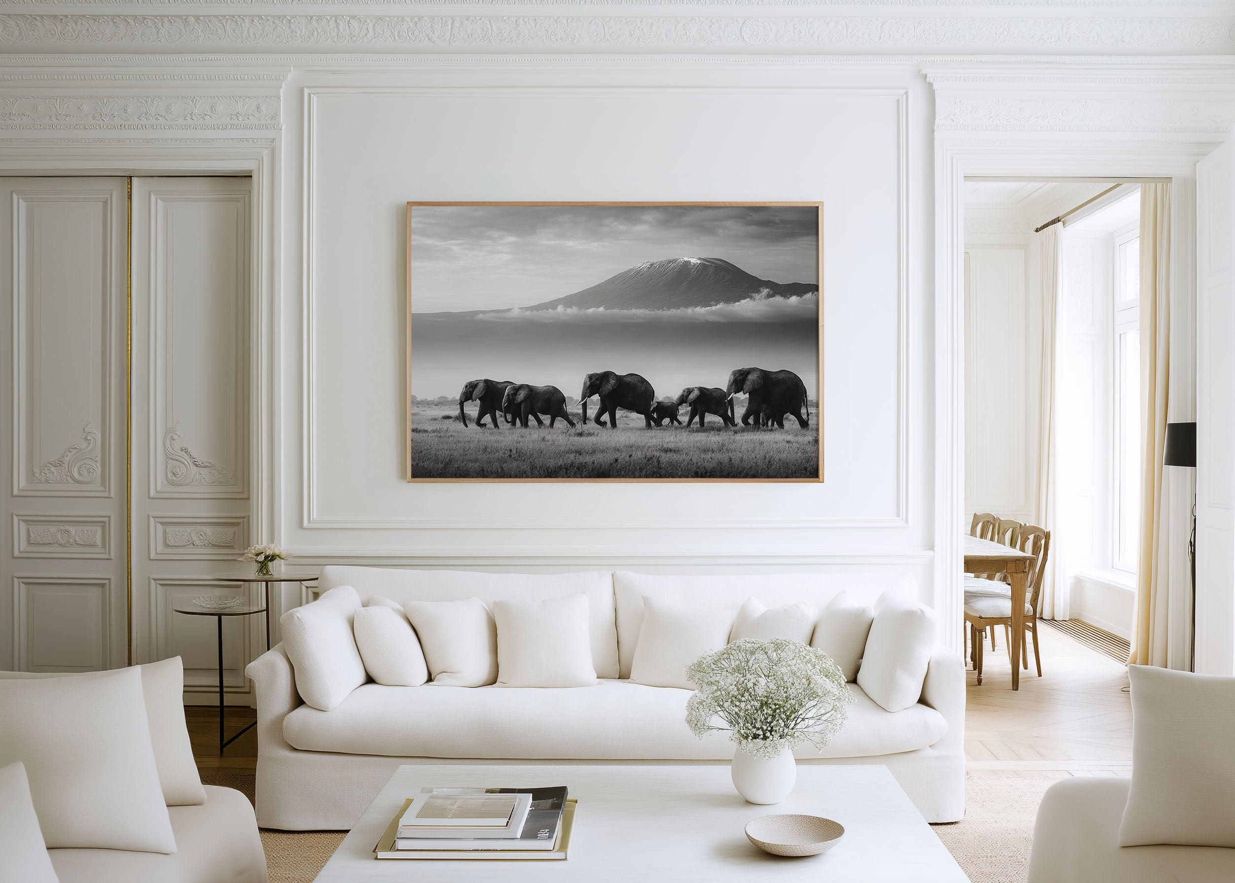 Elephants Under Mount Kilimanjaro Black & White Wall Art