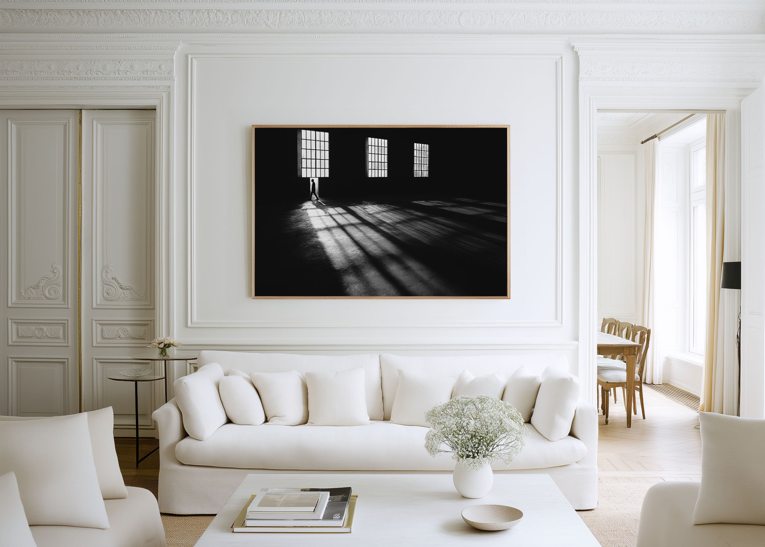Industrial Space Window Light Print | Black and White Shadow Wall Art | Lone Figure Photography
