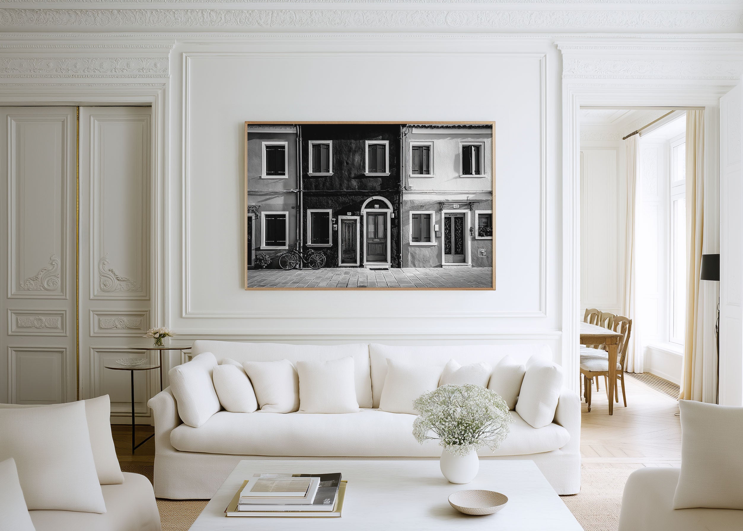 European Street Houses Wall Art – Black and White Minimalist Architecture Print