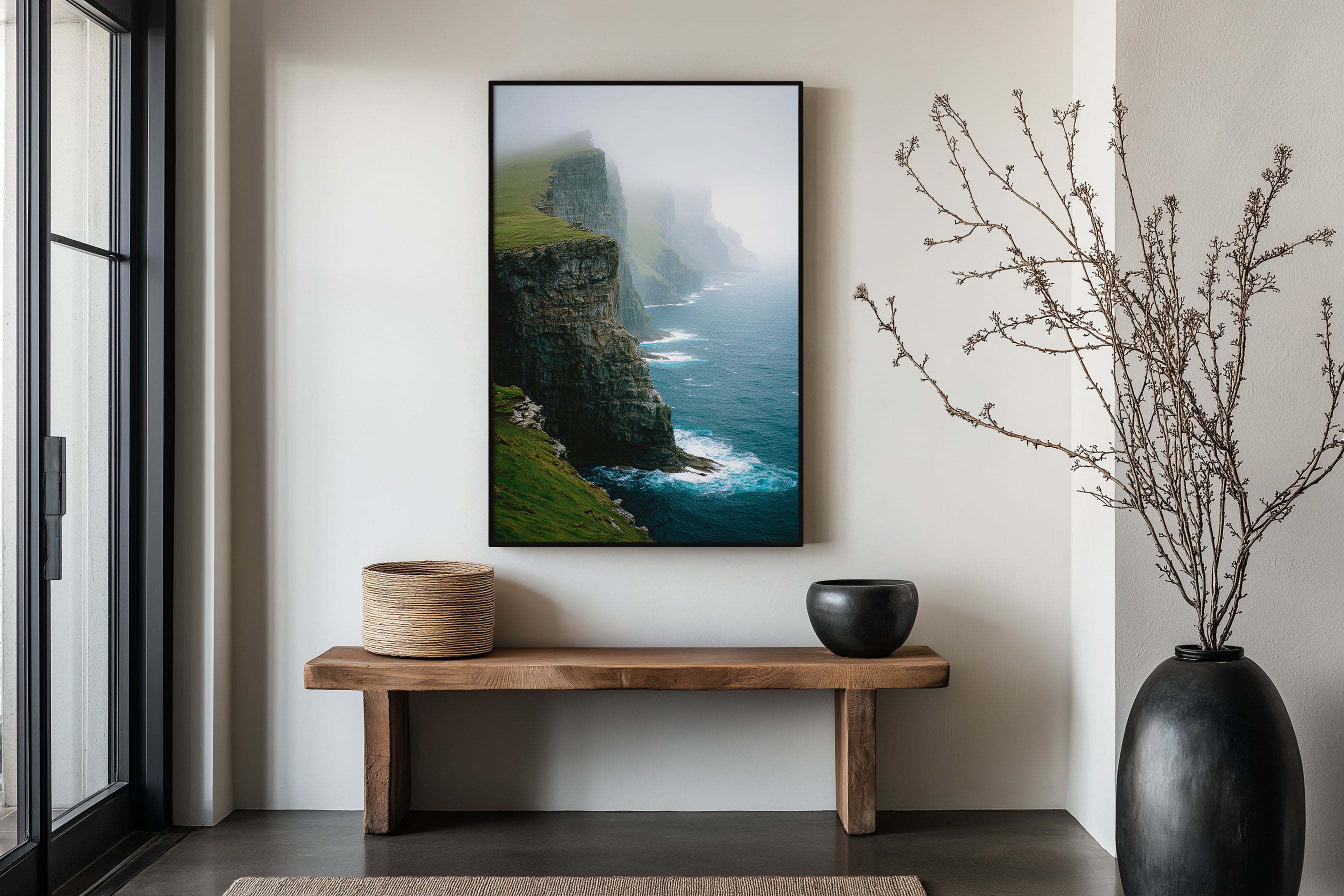 Faroe Islands Sea Cliffs Wall Art Print | North Atlantic Mist Coastline Photography | Nordic Travel Poster | Moody Dramatic Nature Home Decor