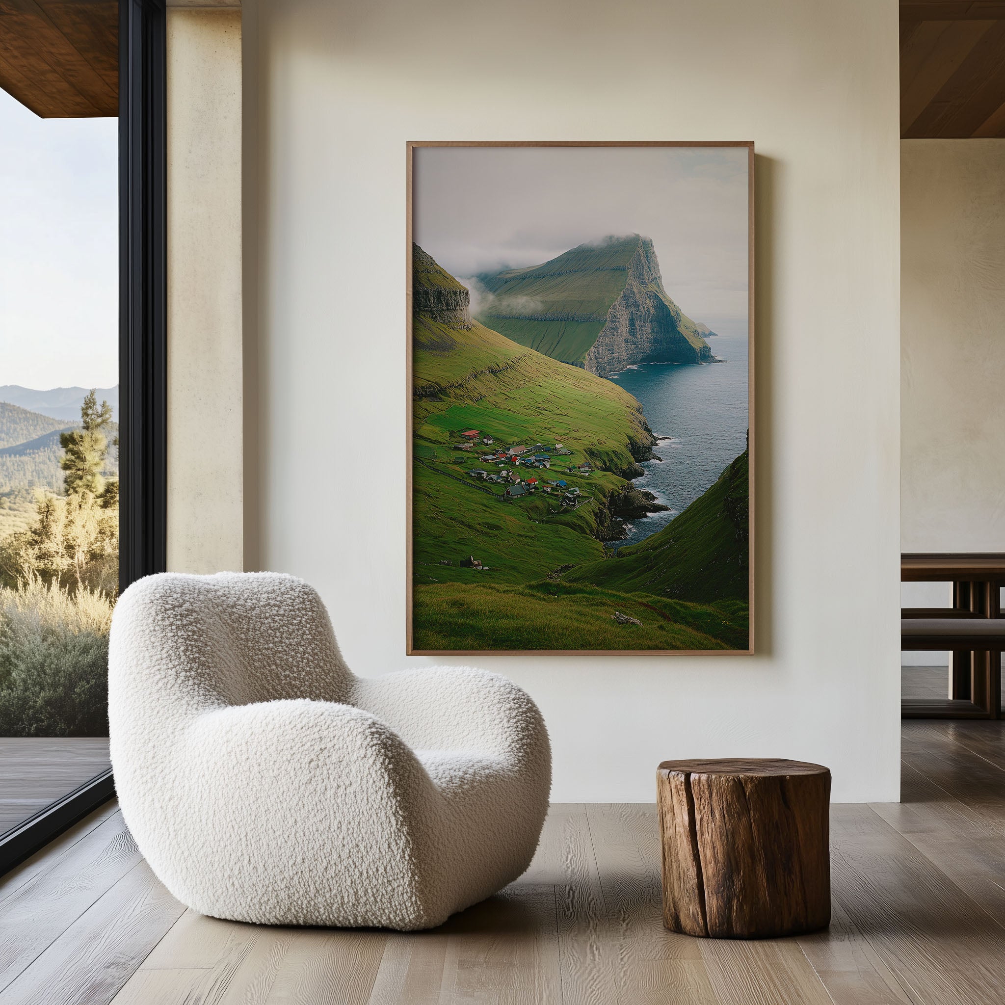 Faroe Islands Kallur Village Wall Art Print | Nordic Coastal Settlement Photography | North Atlantic Green Cliffs Landscape Poster | Scandinavian Nature Print | Hygge Home Decor