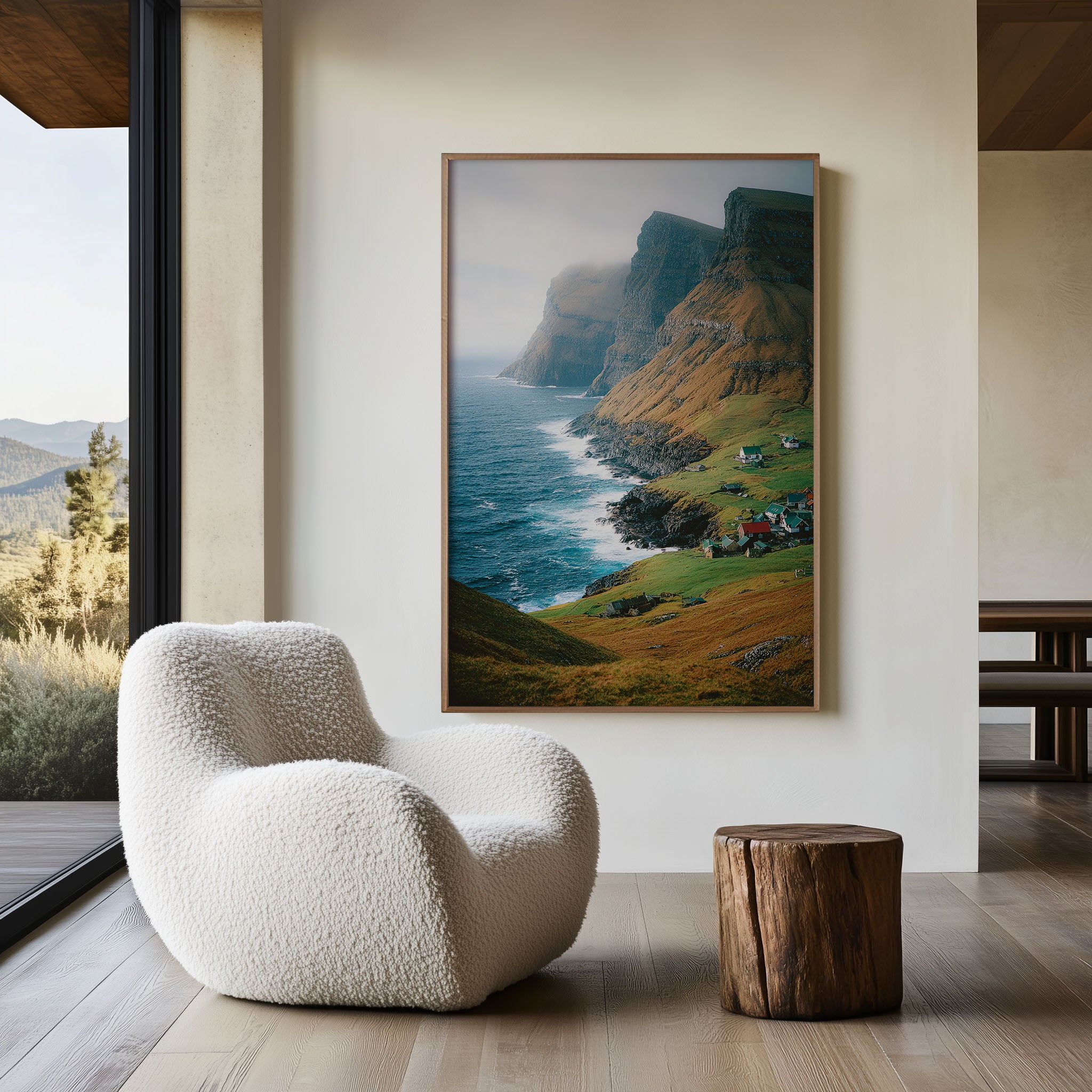 Faroe Islands Village Cliffs Wall Art Print | Gásadalur Coastal Settlement Photography | North Atlantic Basalt Landscape Poster | Nordic Nature Print | Dramatic Home Decor