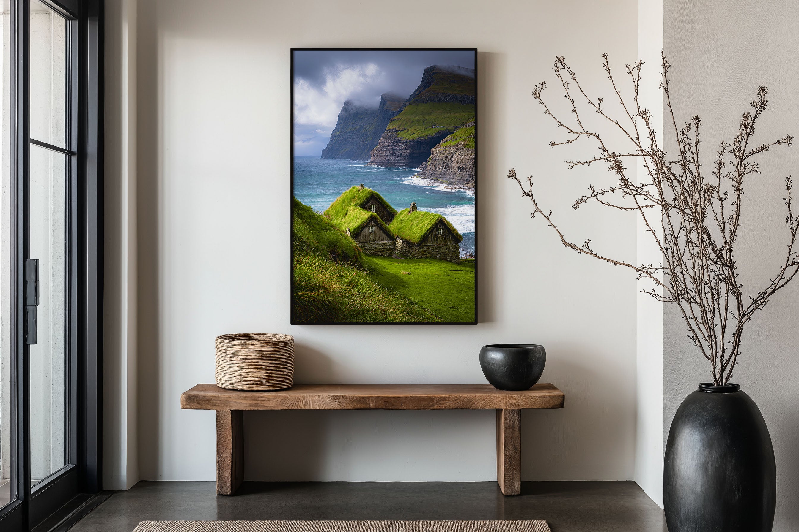 Faroe Islands Grass Roof Cottages Print | Nordic Coastal Wall Art | Dramatic Cliffside Landscape Photography Poster