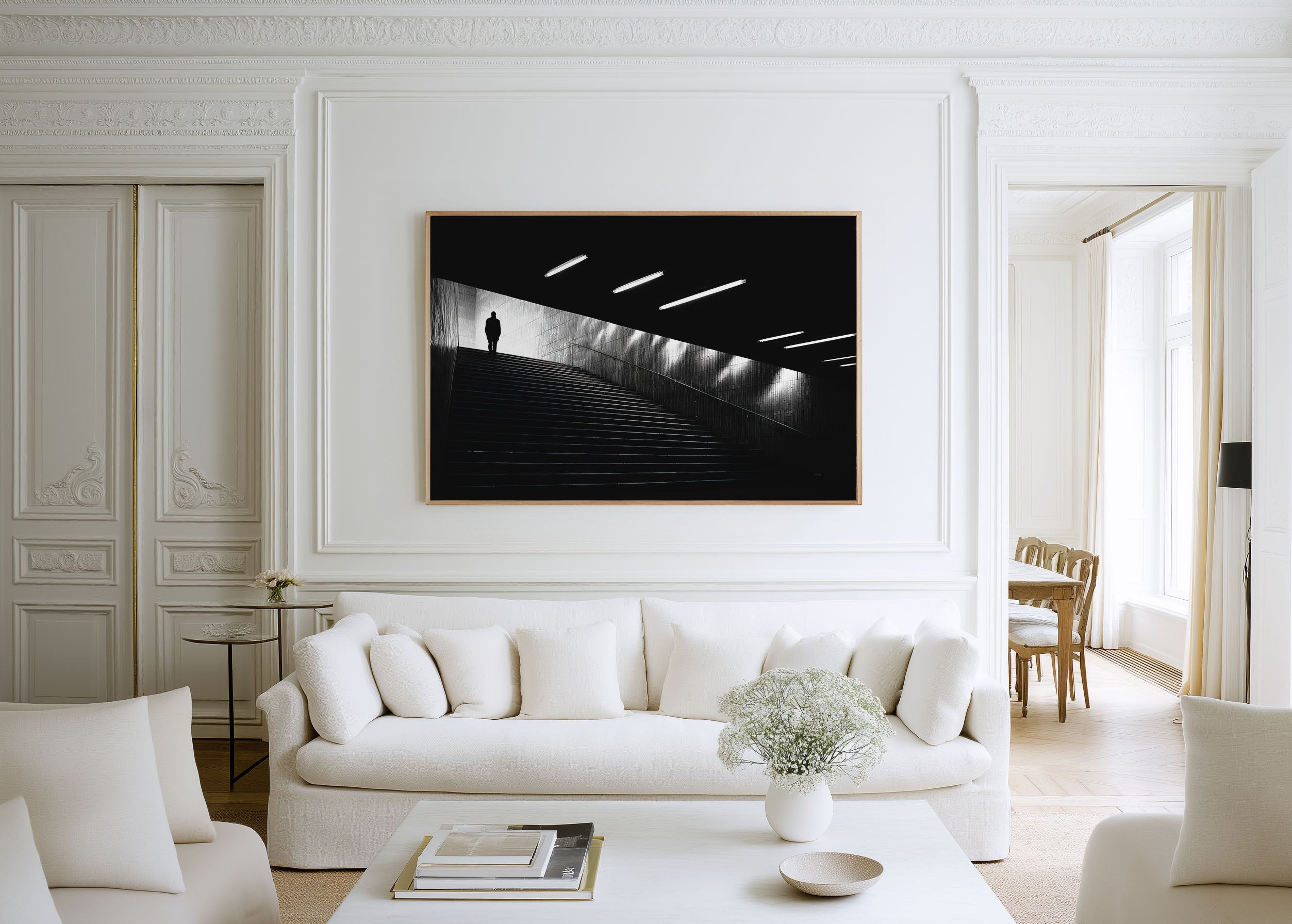 Monumental Staircase Figure Print | Black and White Urban Wall Art | Night Subway Architecture Photography