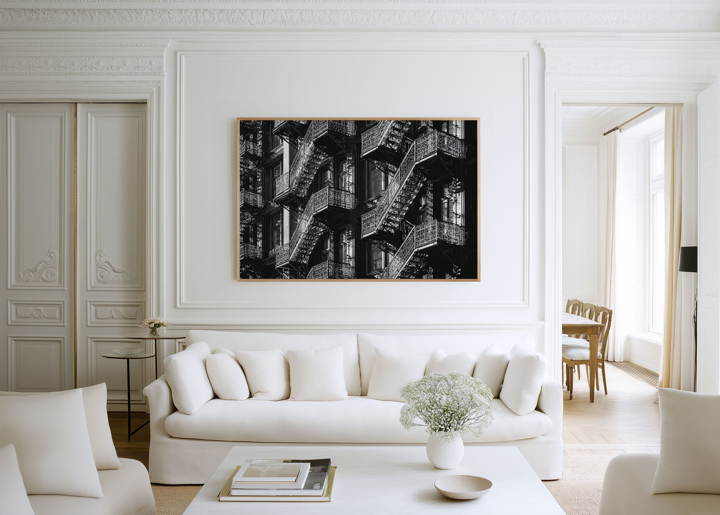 Fire Escape Building Wall Art – Black and White Urban Architecture Print