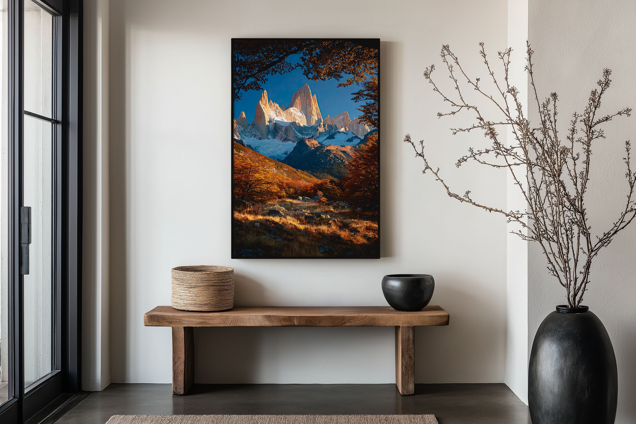 Mount Fitz Roy Print | Patagonia Peak Framed by Autumn Beech Trees | El Chaltén Argentina Wall Art | Hiking Photography Poster