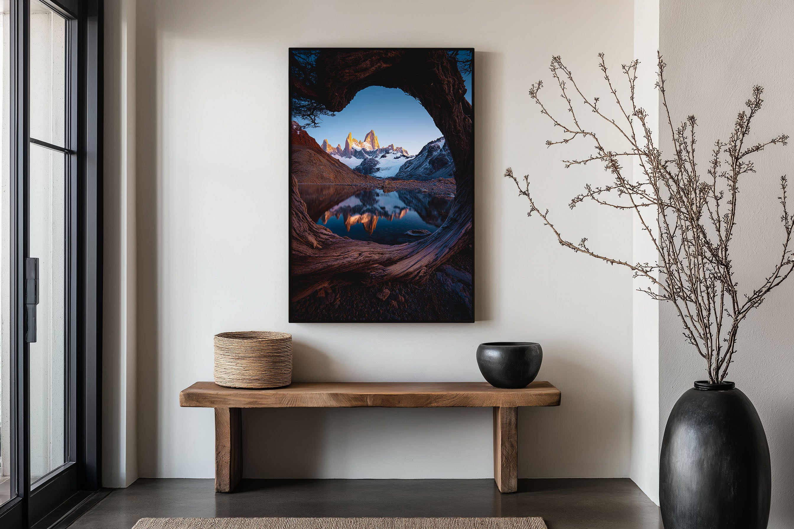 Fitz Roy Sunrise Reflection Print | Patagonia Lake Wall Art | Mount Fitz Roy Driftwood Frame Landscape Poster