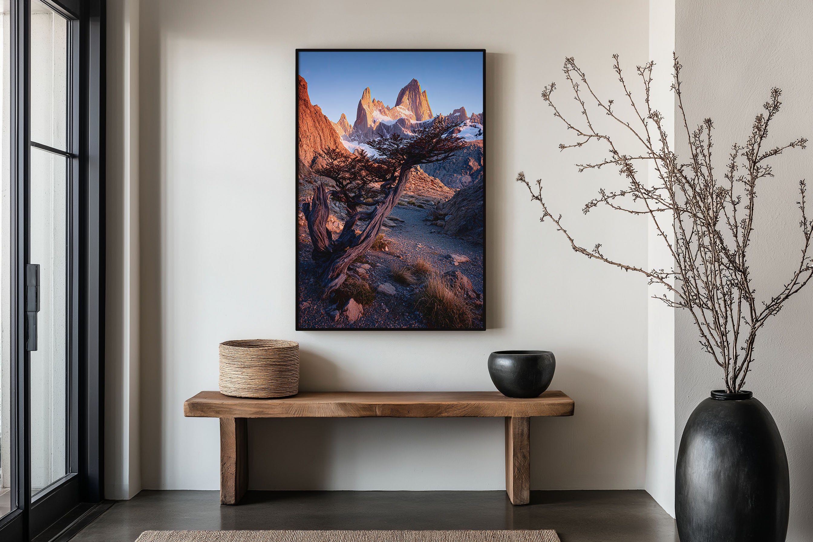Fitz Roy Twisted Tree Sunrise Wall Art Print | Patagonia Argentina Photography | El Chaltén Rocky Trail Alpenglow Poster