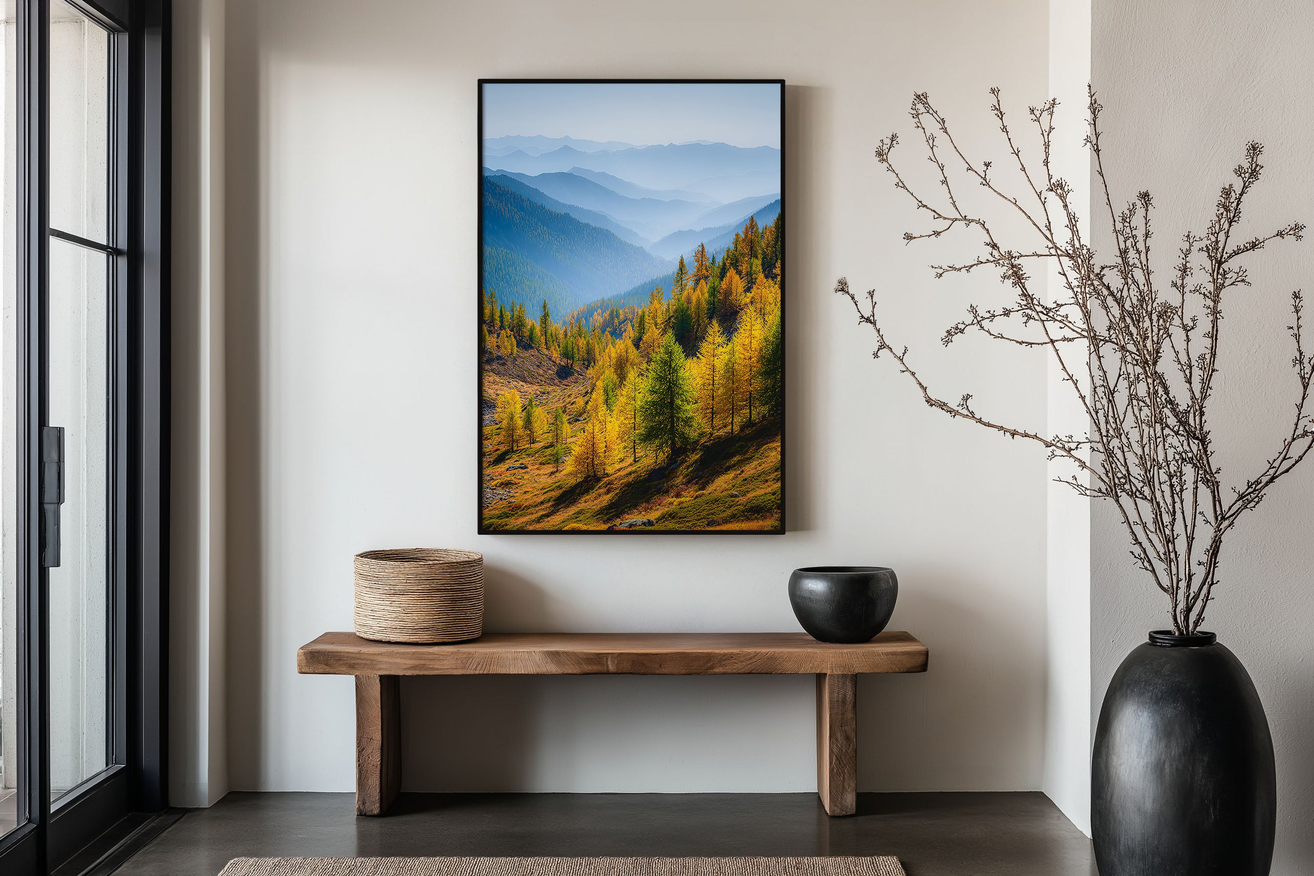 Autumn Forest Print | Yellow Larch Trees and Misty Blue Mountains | Alpine Valley Wall Art | Fall Landscape Photography Poster